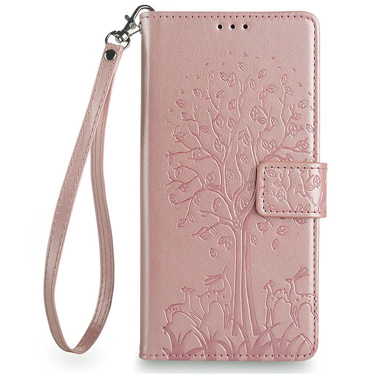 For OnePlus 12 5G Leather Case Imprinted Deer Tree Pattern Card Slots Wallet Phone Guard Cover - Rose Gold