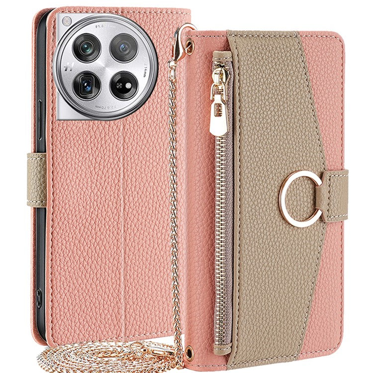 For OnePlus 12 5G Case PU Leather+TPU Zipper Pockets Phone Cover with Mirror and Card Slots - Pink