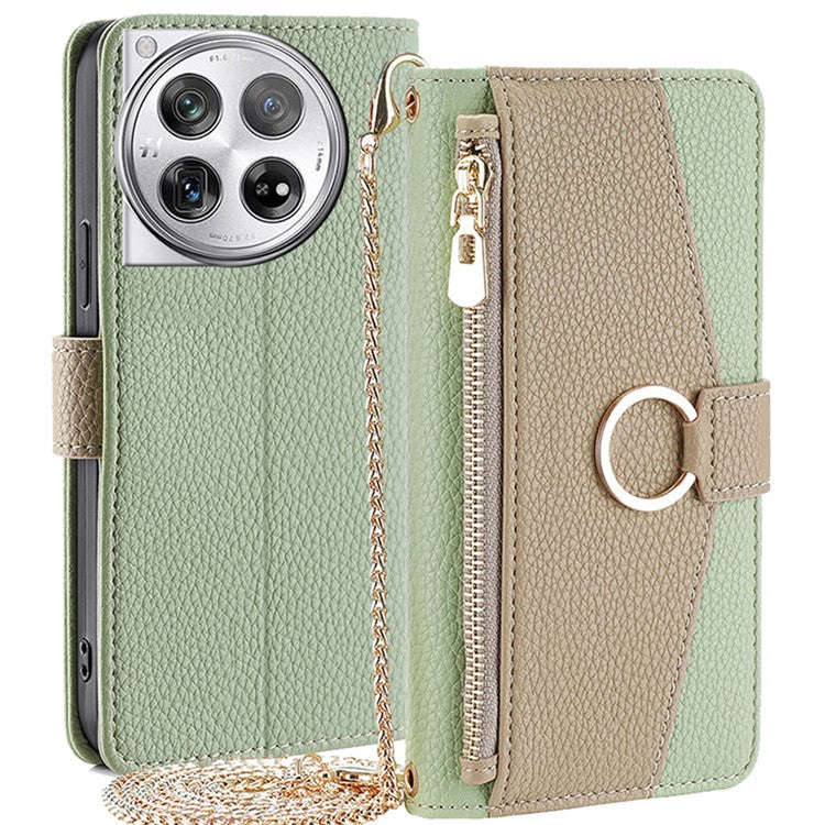 For OnePlus 12 5G Case PU Leather+TPU Zipper Pockets Phone Cover with Mirror and Card Slots - Green