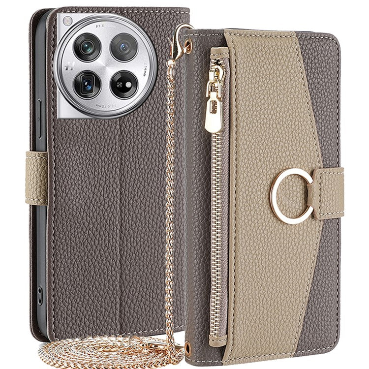 For OnePlus 12 5G Case PU Leather+TPU Zipper Pockets Phone Cover with Mirror and Card Slots - Grey