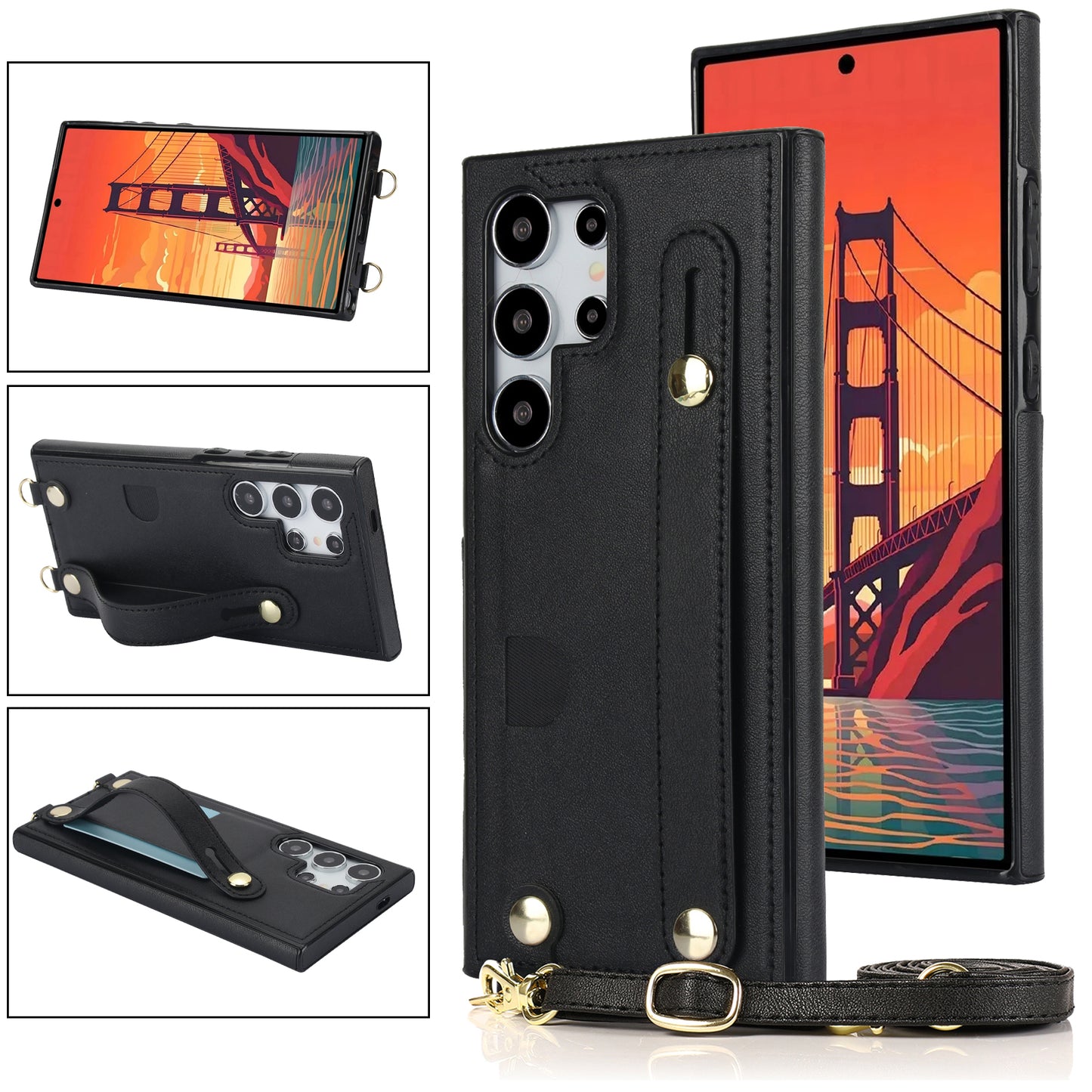 For Samsung Galaxy S24 Ultra Cell Phone Case Crossbody PU Leather+TPU Strap Kickstand Cover - Black