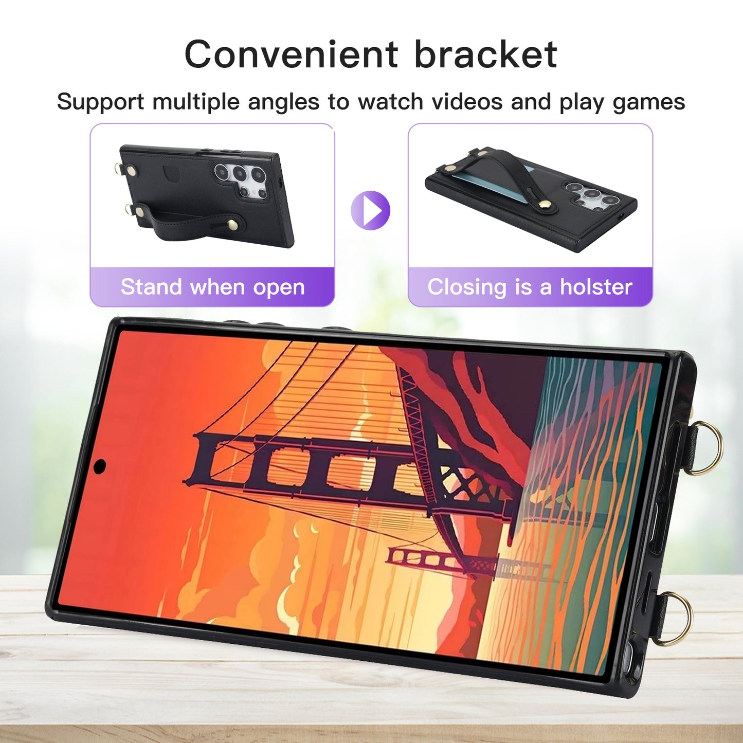 For Samsung Galaxy S24 Ultra Cell Phone Case Crossbody PU Leather+TPU Strap Kickstand Cover - Black