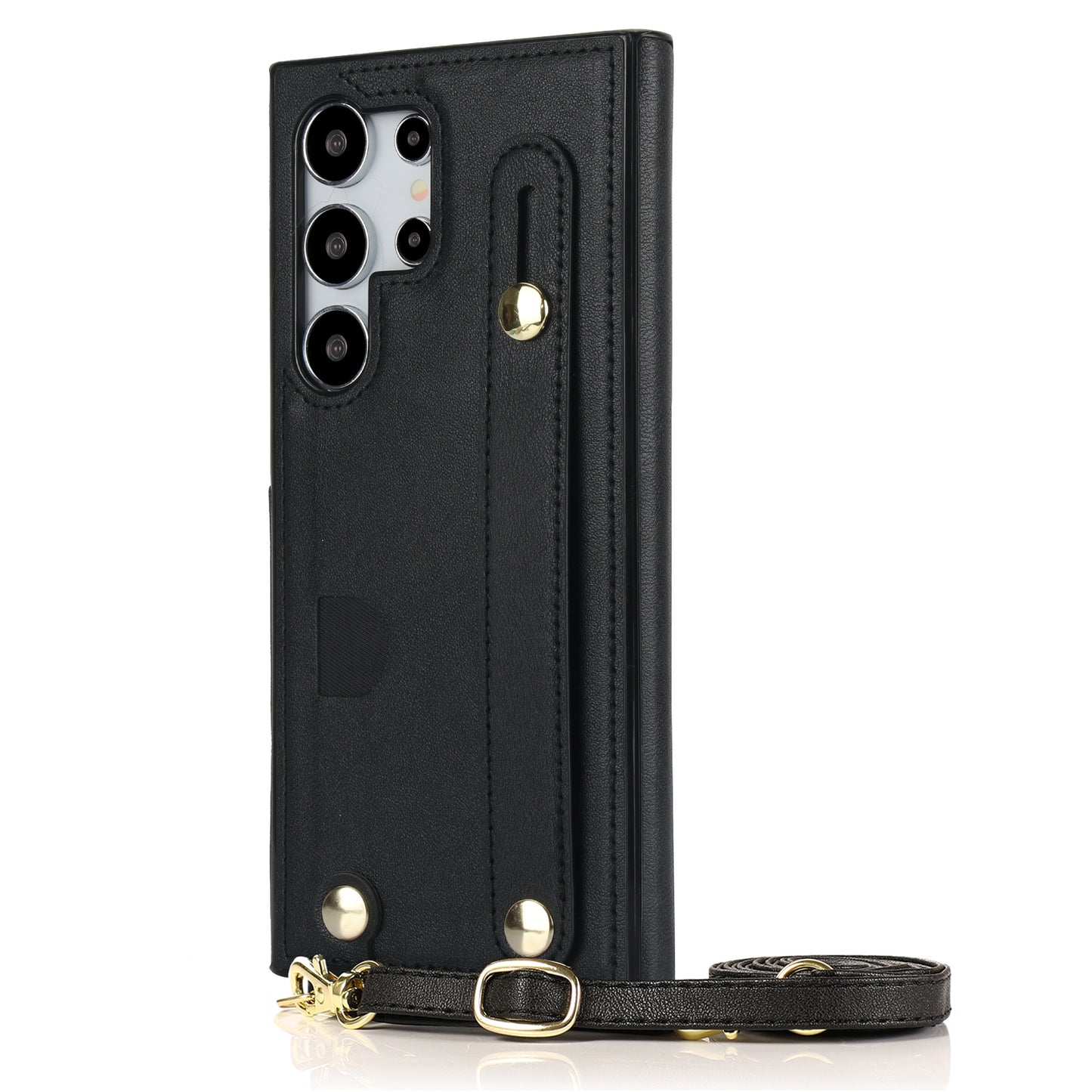 For Samsung Galaxy S24 Ultra Cell Phone Case Crossbody PU Leather+TPU Strap Kickstand Cover - Black