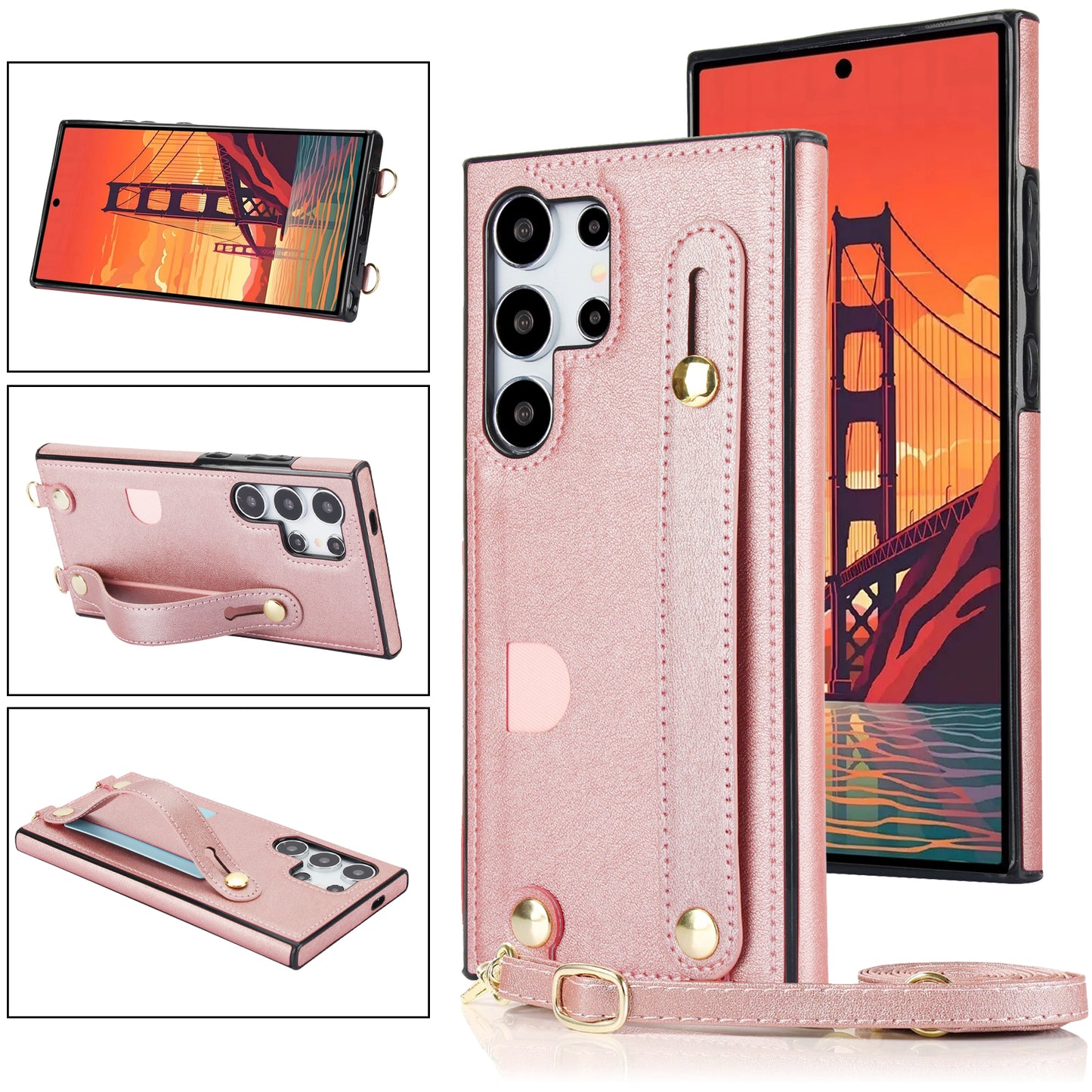 For Samsung Galaxy S24 Ultra Cell Phone Case Crossbody PU Leather+TPU Strap Kickstand Cover - Rose Gold