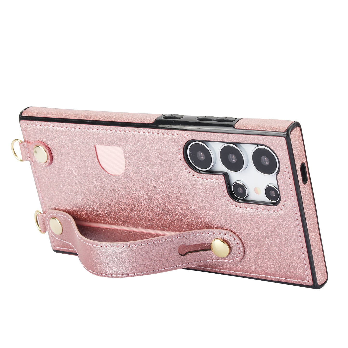 For Samsung Galaxy S24 Ultra Cell Phone Case Crossbody PU Leather+TPU Strap Kickstand Cover - Rose Gold