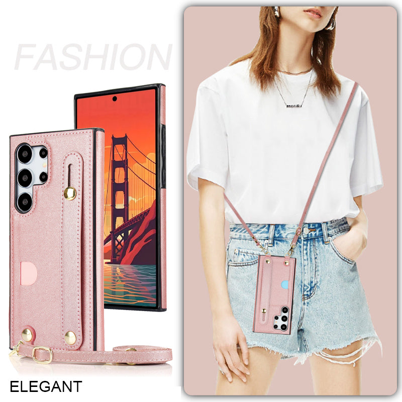 For Samsung Galaxy S24 Ultra Cell Phone Case Crossbody PU Leather+TPU Strap Kickstand Cover - Rose Gold