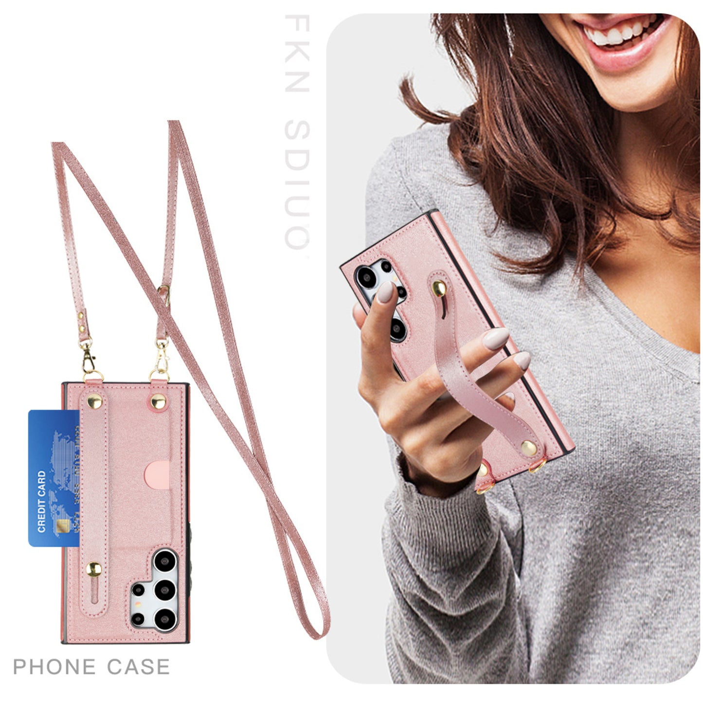 For Samsung Galaxy S24 Ultra Cell Phone Case Crossbody PU Leather+TPU Strap Kickstand Cover - Rose Gold