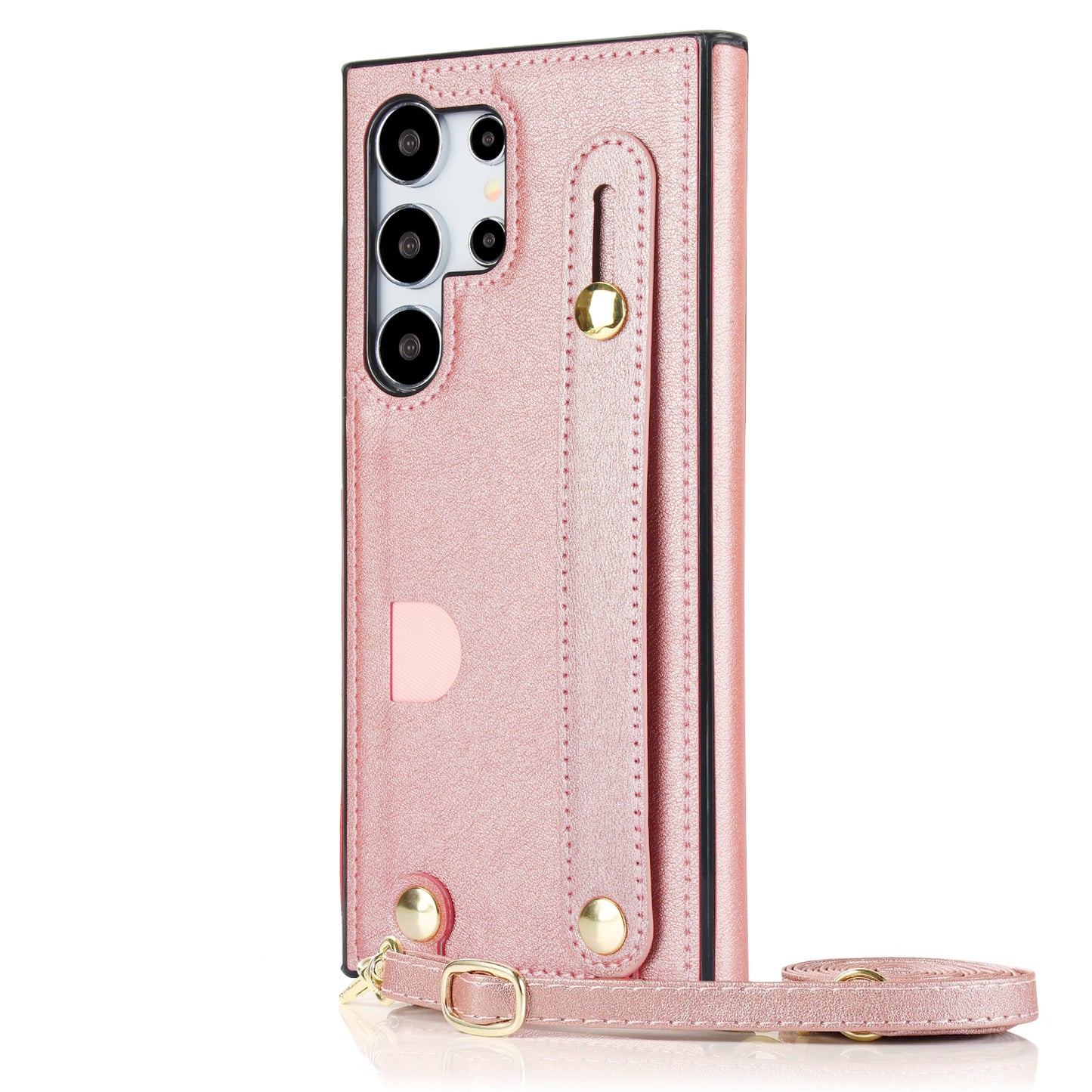 For Samsung Galaxy S24 Ultra Cell Phone Case Crossbody PU Leather+TPU Strap Kickstand Cover - Rose Gold