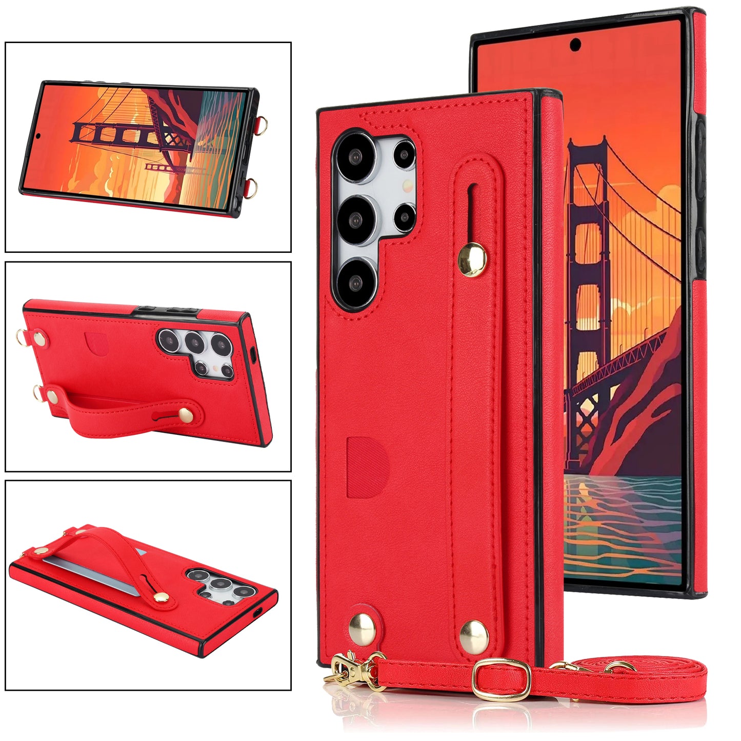 For Samsung Galaxy S24 Ultra Cell Phone Case Crossbody PU Leather+TPU Strap Kickstand Cover - Red