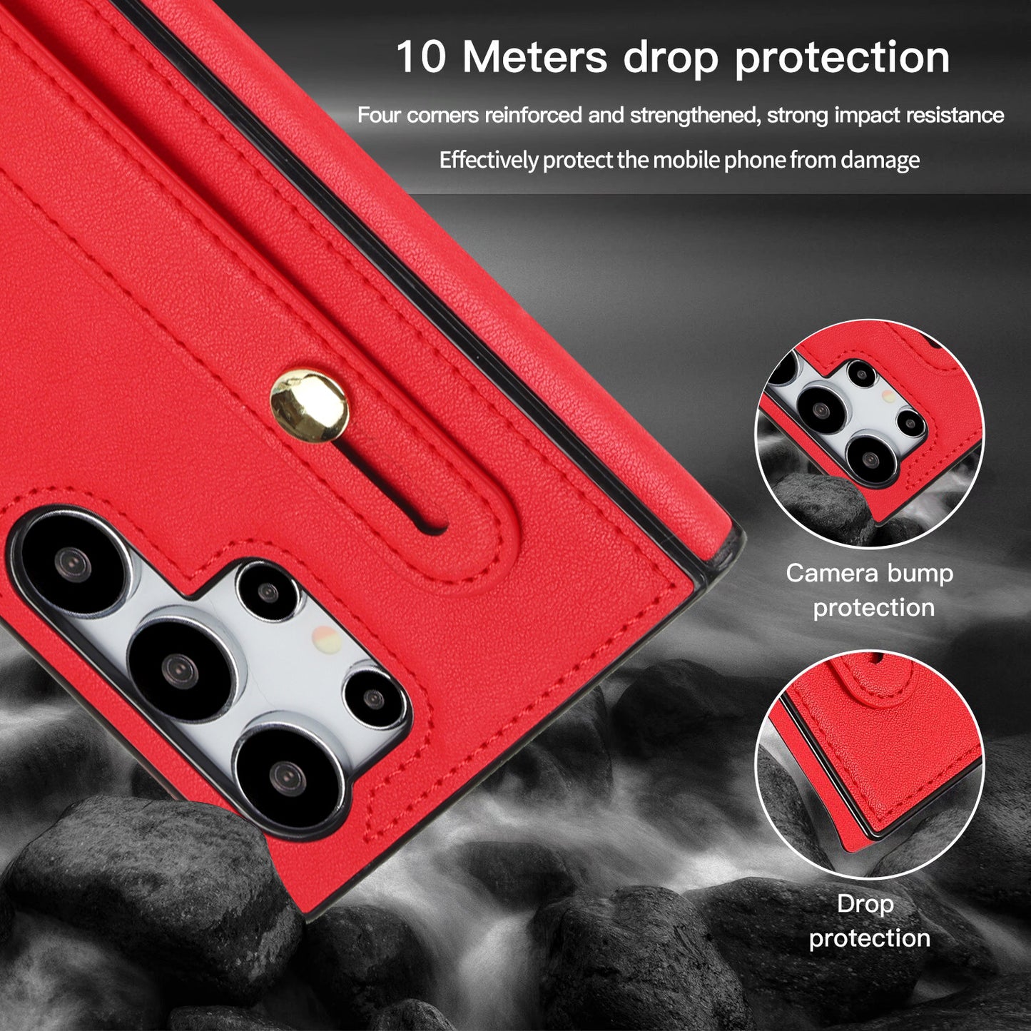 For Samsung Galaxy S24 Ultra Cell Phone Case Crossbody PU Leather+TPU Strap Kickstand Cover - Red