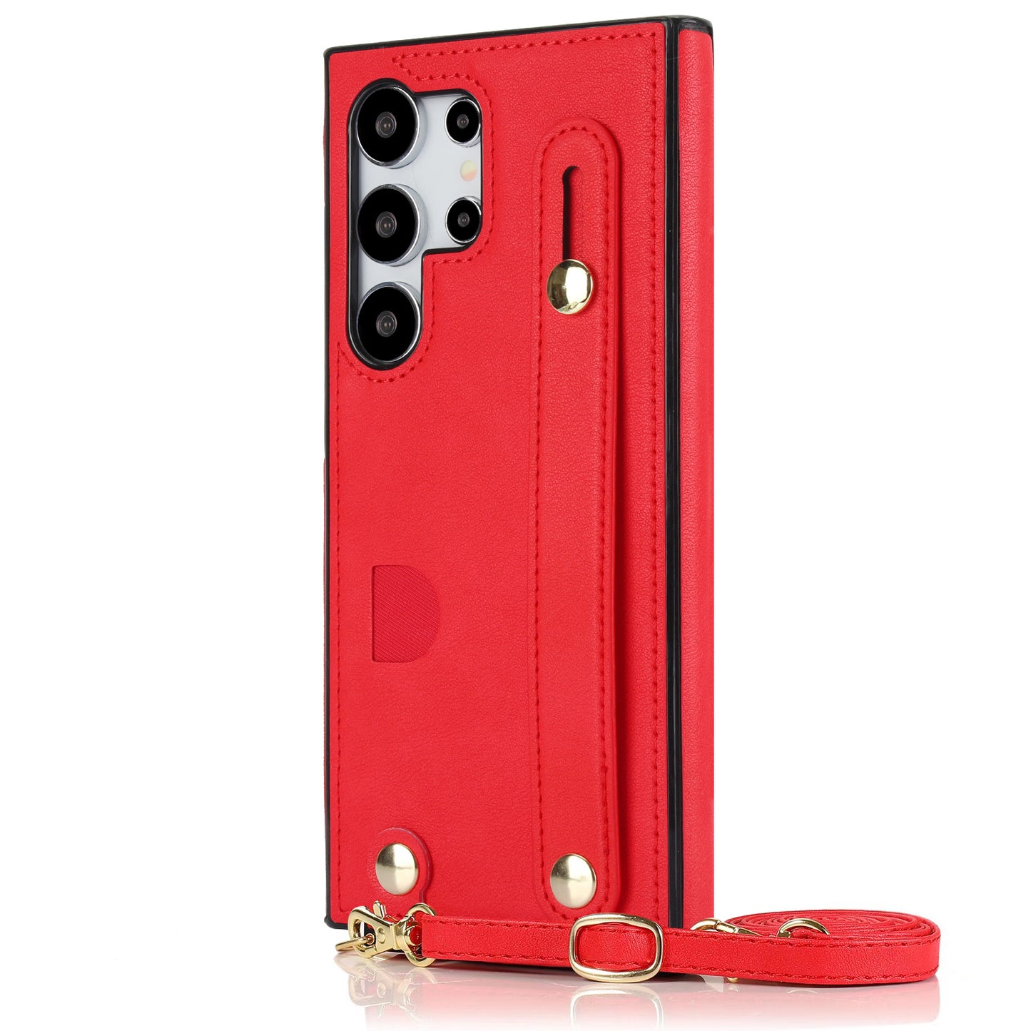 For Samsung Galaxy S24 Ultra Cell Phone Case Crossbody PU Leather+TPU Strap Kickstand Cover - Red