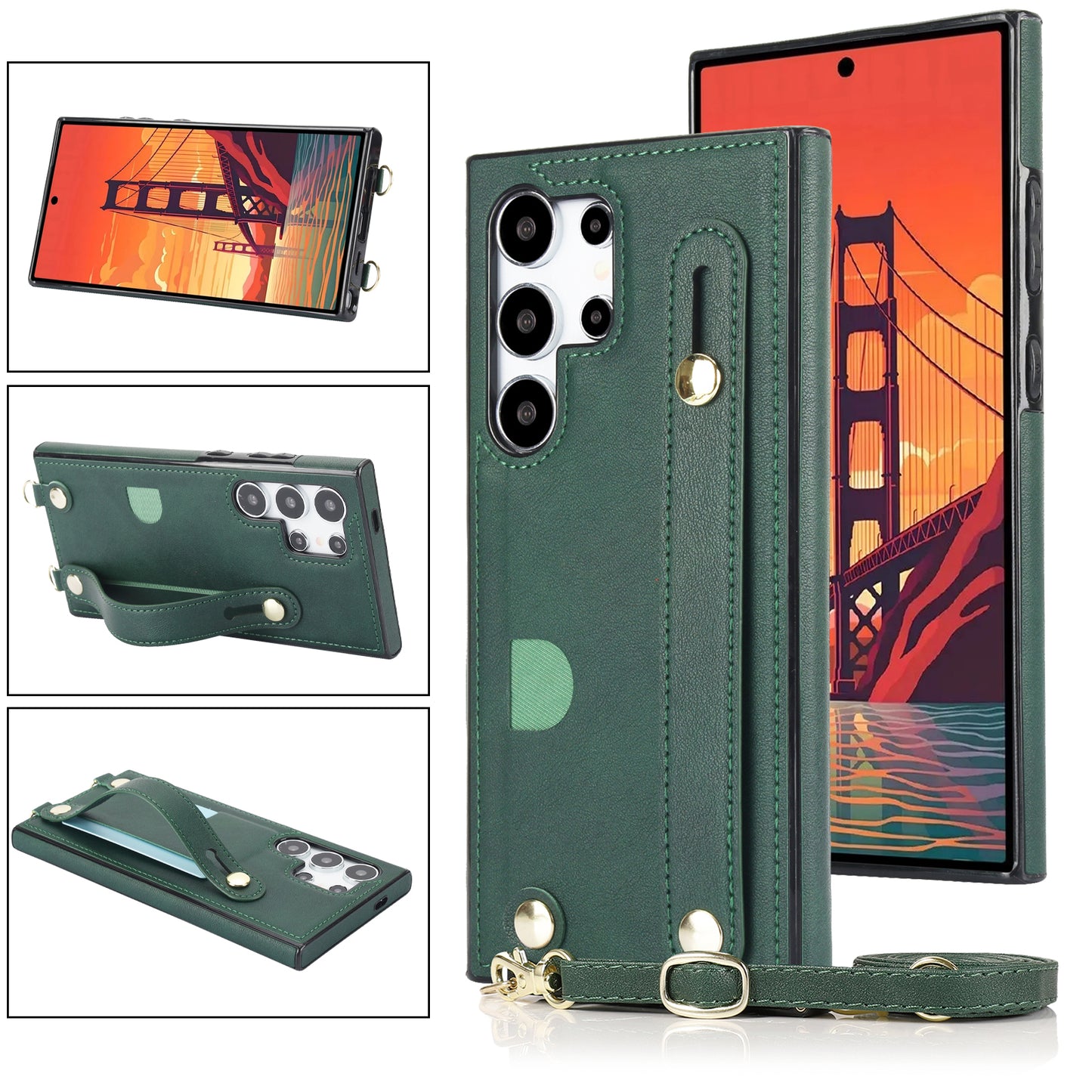 For Samsung Galaxy S24 Ultra Cell Phone Case Crossbody PU Leather+TPU Strap Kickstand Cover - Green
