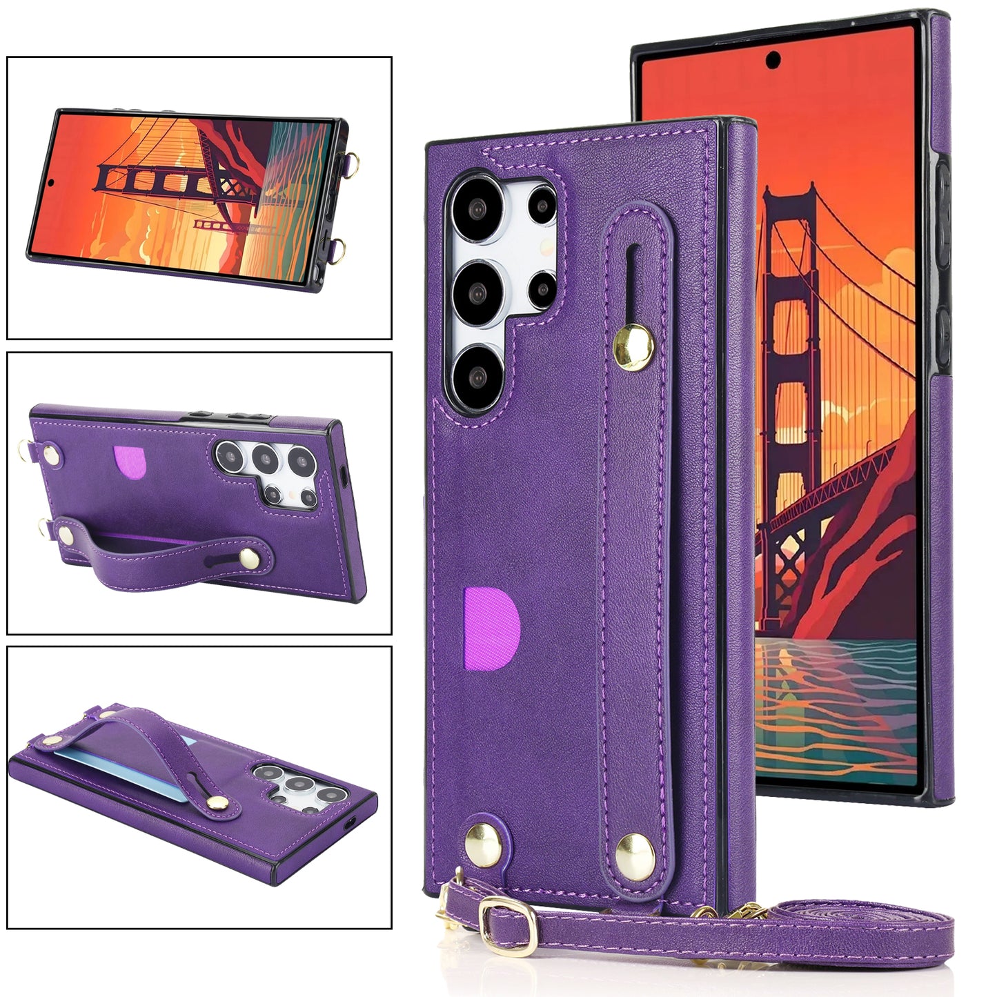 For Samsung Galaxy S24 Ultra Cell Phone Case Crossbody PU Leather+TPU Strap Kickstand Cover - Purple