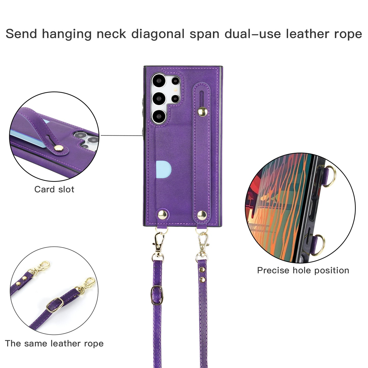 For Samsung Galaxy S24 Ultra Cell Phone Case Crossbody PU Leather+TPU Strap Kickstand Cover - Purple