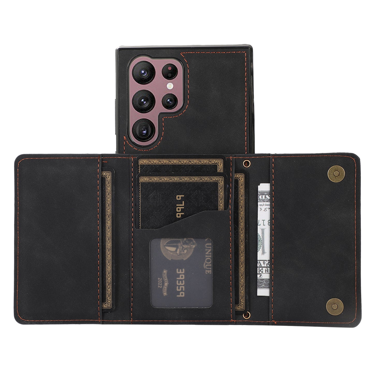 For Samsung Galaxy S24 Ultra Cell Phone Case Tri-fold Wallet Kickstand PU Leather Coated TPU Cover - Black