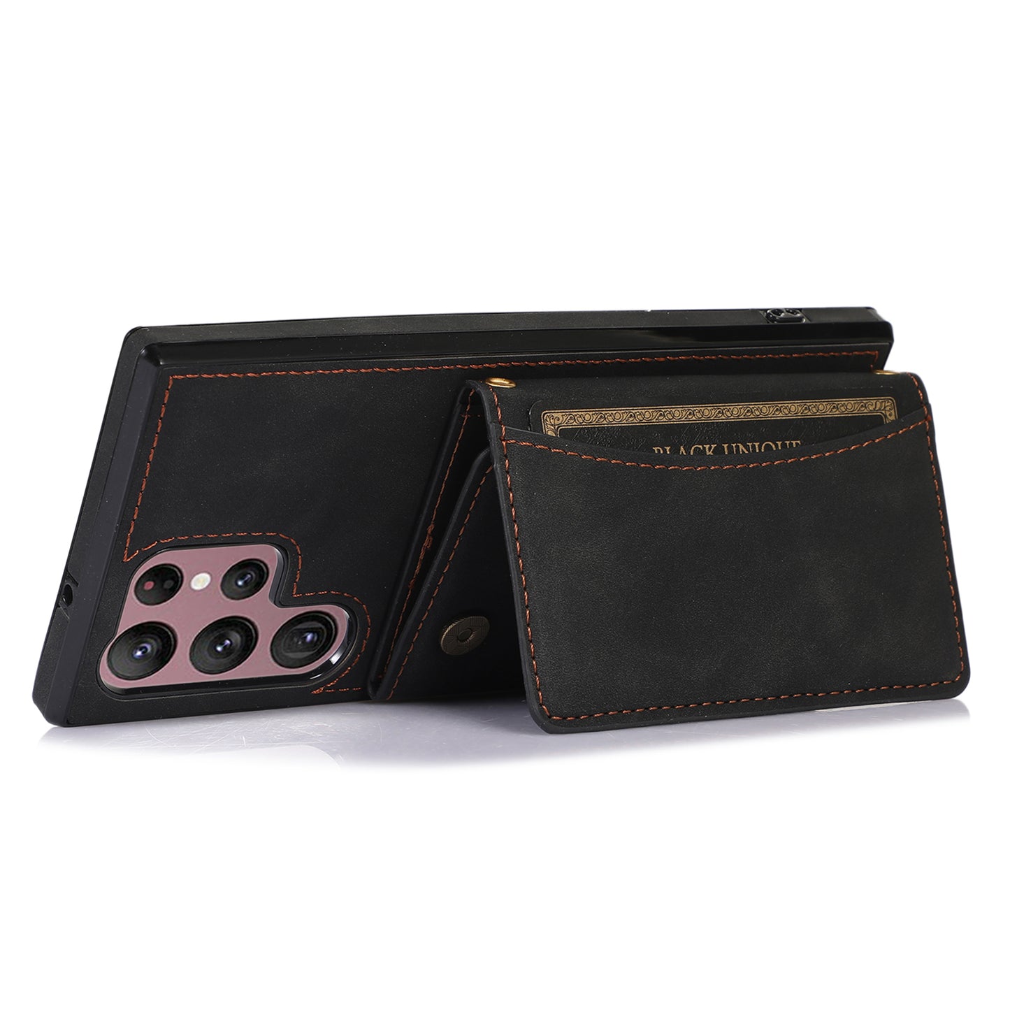 For Samsung Galaxy S24 Ultra Cell Phone Case Tri-fold Wallet Kickstand PU Leather Coated TPU Cover - Black