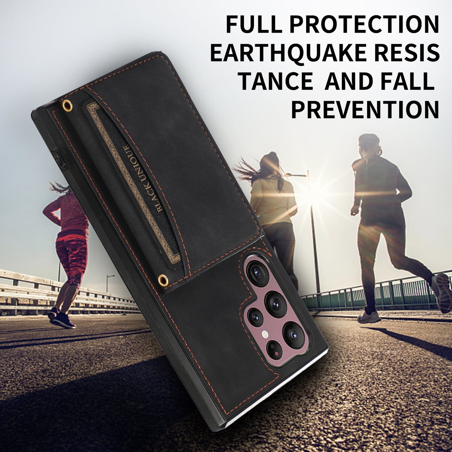 For Samsung Galaxy S24 Ultra Cell Phone Case Tri-fold Wallet Kickstand PU Leather Coated TPU Cover - Black