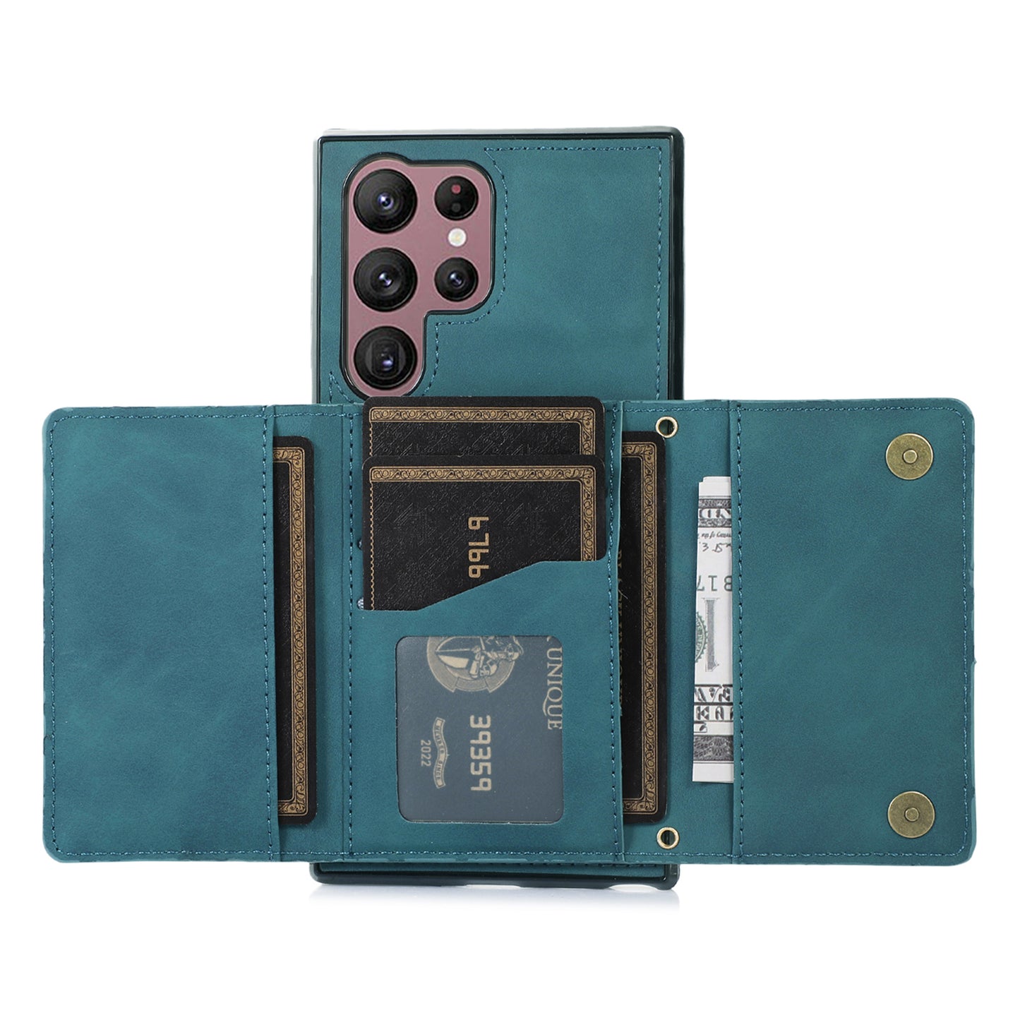 For Samsung Galaxy S24 Ultra Cell Phone Case Tri-fold Wallet Kickstand PU Leather Coated TPU Cover - Blue