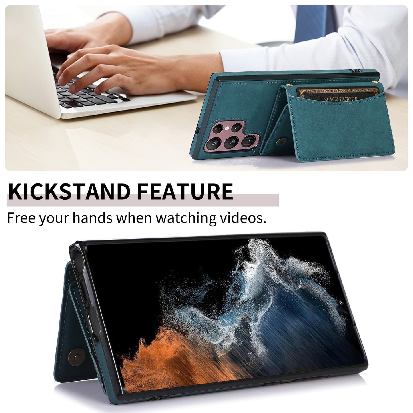 For Samsung Galaxy S24 Ultra Cell Phone Case Tri-fold Wallet Kickstand PU Leather Coated TPU Cover - Blue