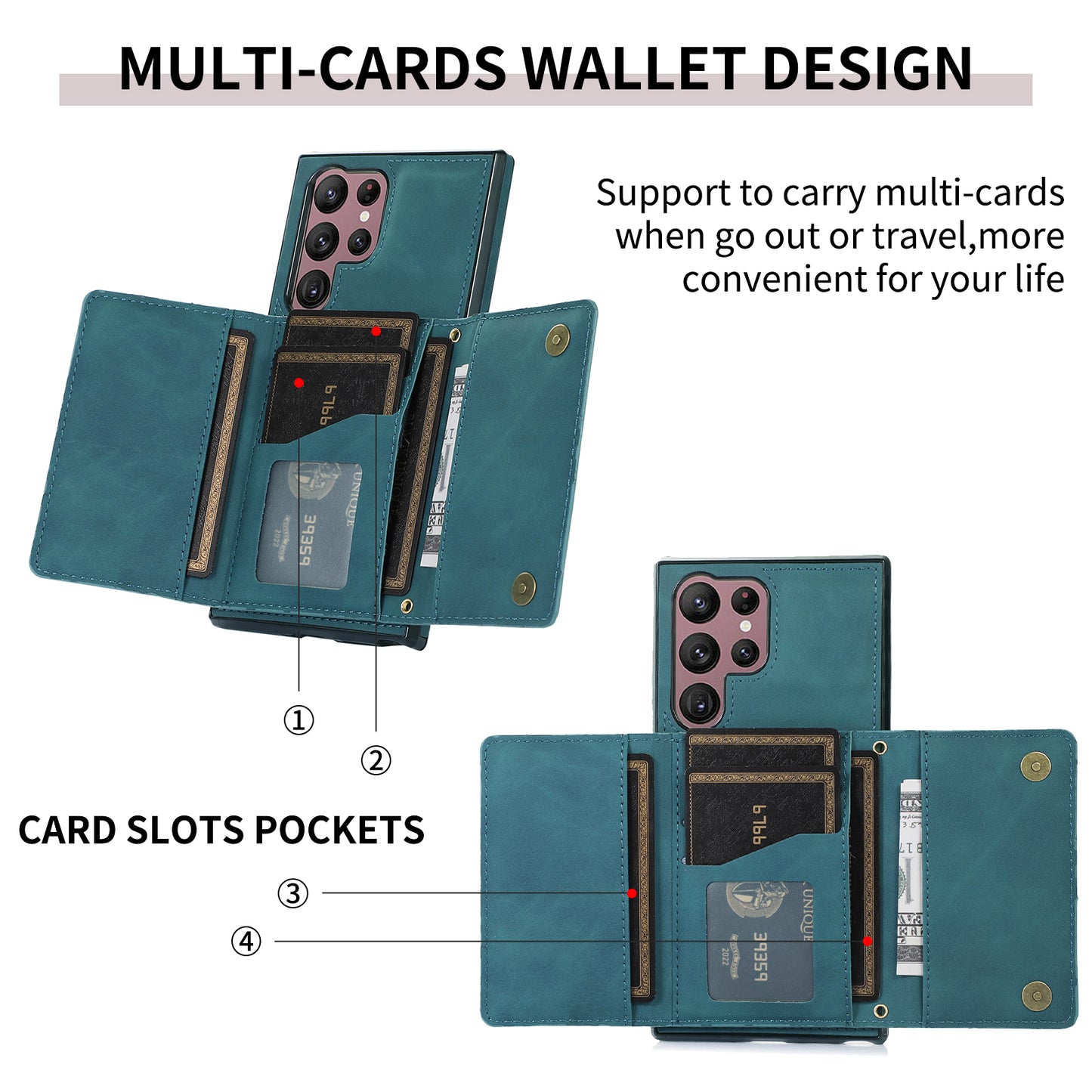 For Samsung Galaxy S24 Ultra Cell Phone Case Tri-fold Wallet Kickstand PU Leather Coated TPU Cover - Blue