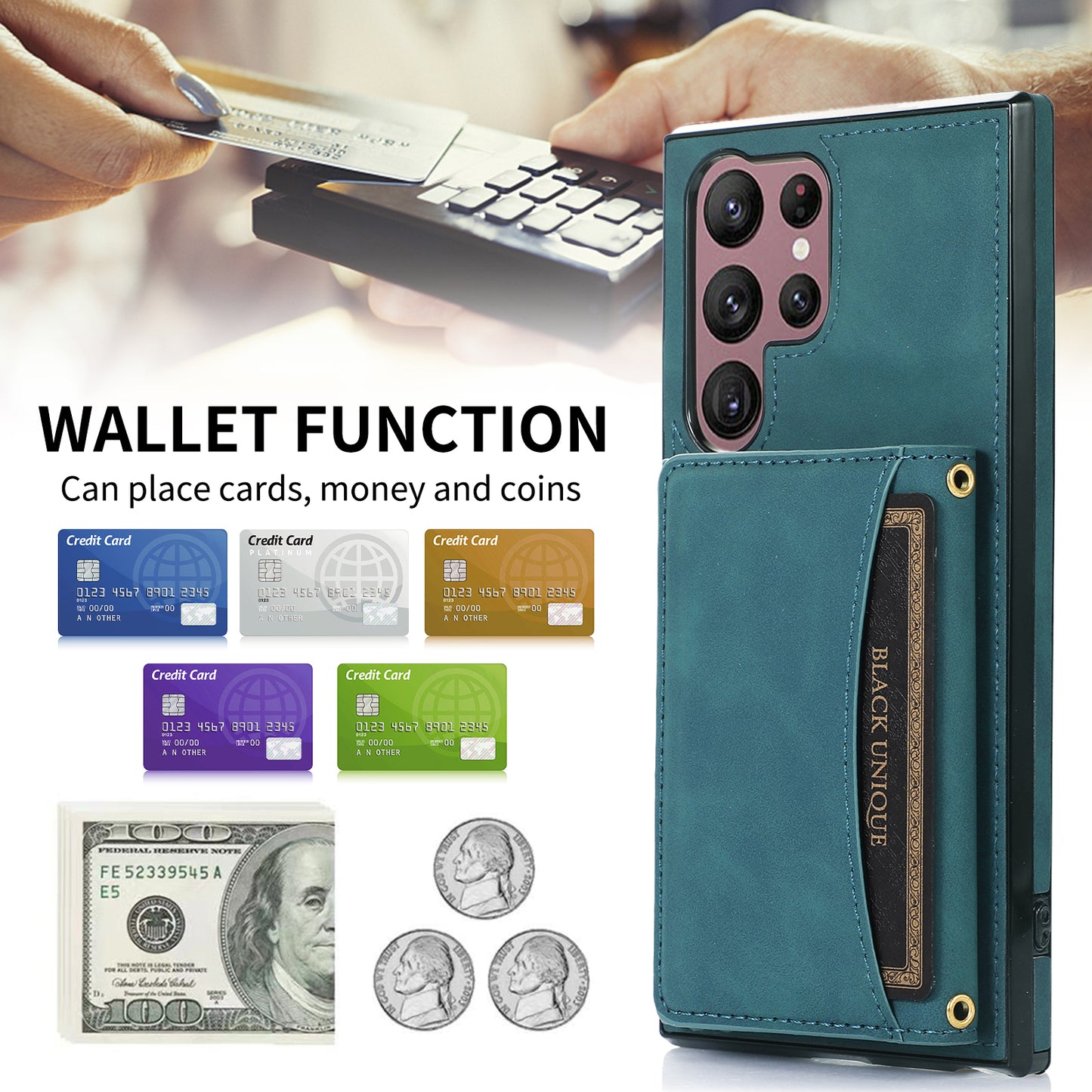 For Samsung Galaxy S24 Ultra Cell Phone Case Tri-fold Wallet Kickstand PU Leather Coated TPU Cover - Blue