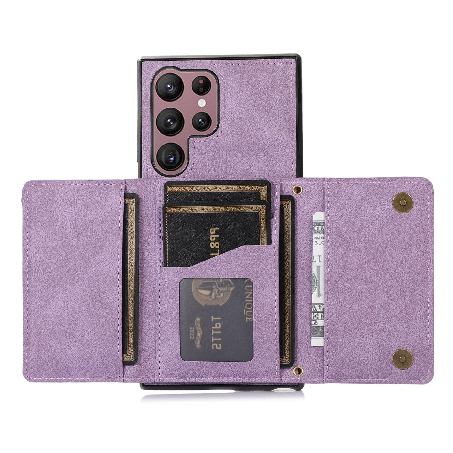 For Samsung Galaxy S24 Ultra Cell Phone Case Tri-fold Wallet Kickstand PU Leather Coated TPU Cover - Purple