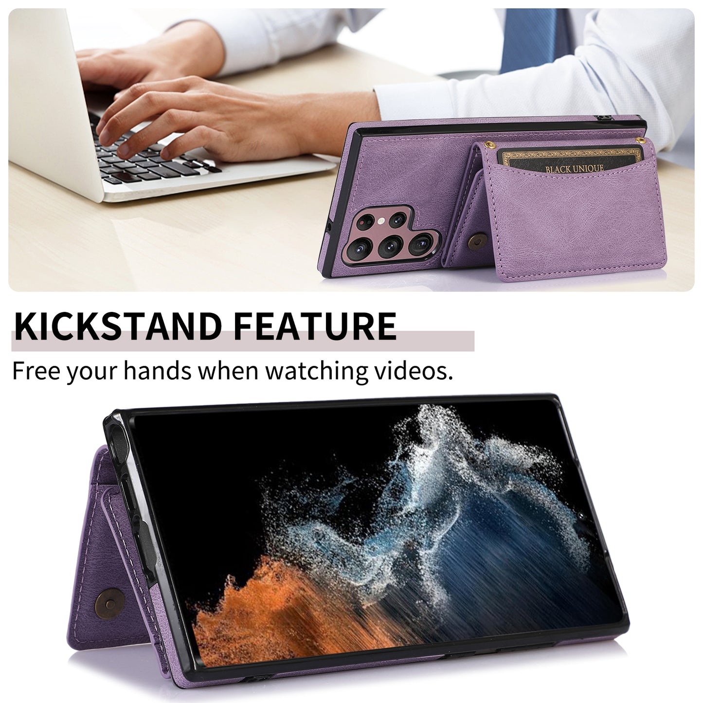 For Samsung Galaxy S24 Ultra Cell Phone Case Tri-fold Wallet Kickstand PU Leather Coated TPU Cover - Purple