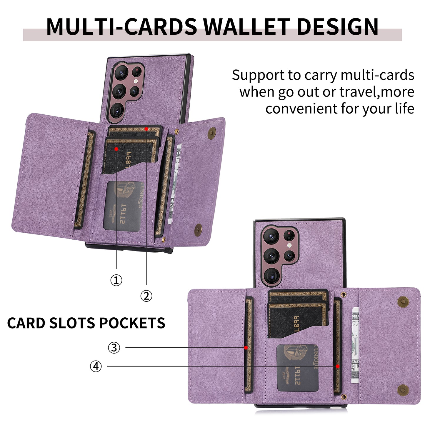 For Samsung Galaxy S24 Ultra Cell Phone Case Tri-fold Wallet Kickstand PU Leather Coated TPU Cover - Purple