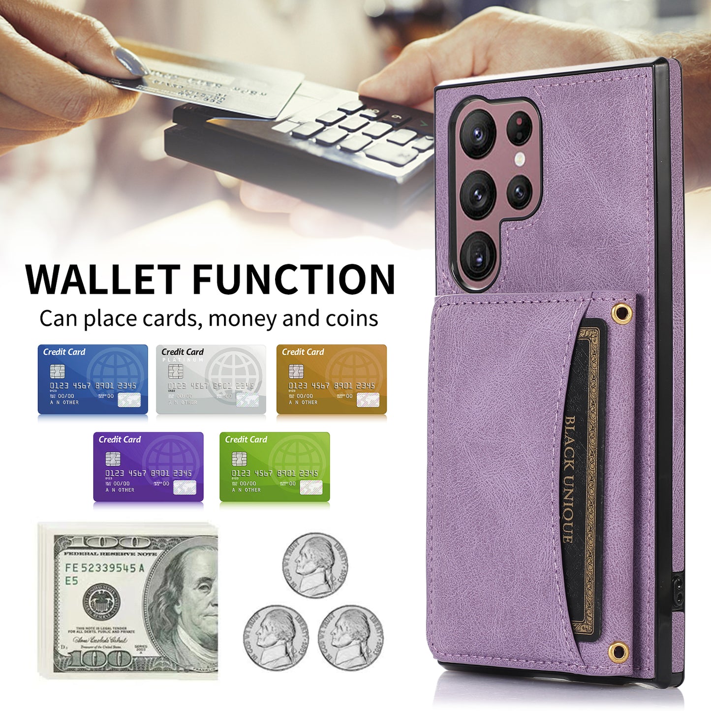 For Samsung Galaxy S24 Ultra Cell Phone Case Tri-fold Wallet Kickstand PU Leather Coated TPU Cover - Purple