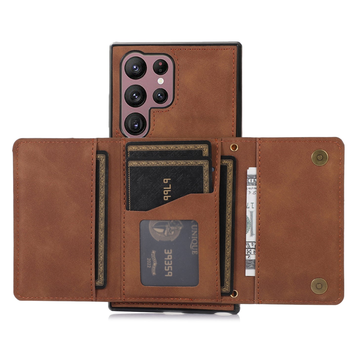 For Samsung Galaxy S24 Ultra Cell Phone Case Tri-fold Wallet Kickstand PU Leather Coated TPU Cover - Brown