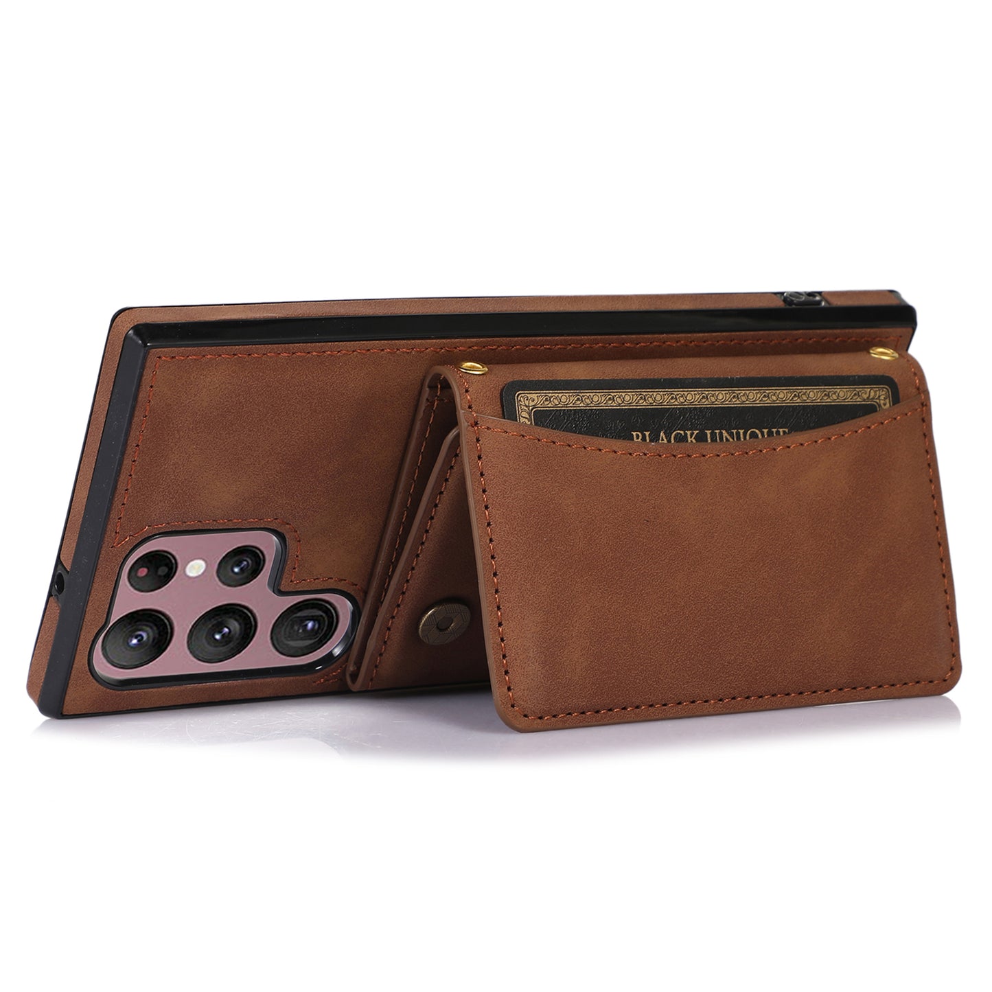 For Samsung Galaxy S24 Ultra Cell Phone Case Tri-fold Wallet Kickstand PU Leather Coated TPU Cover - Brown