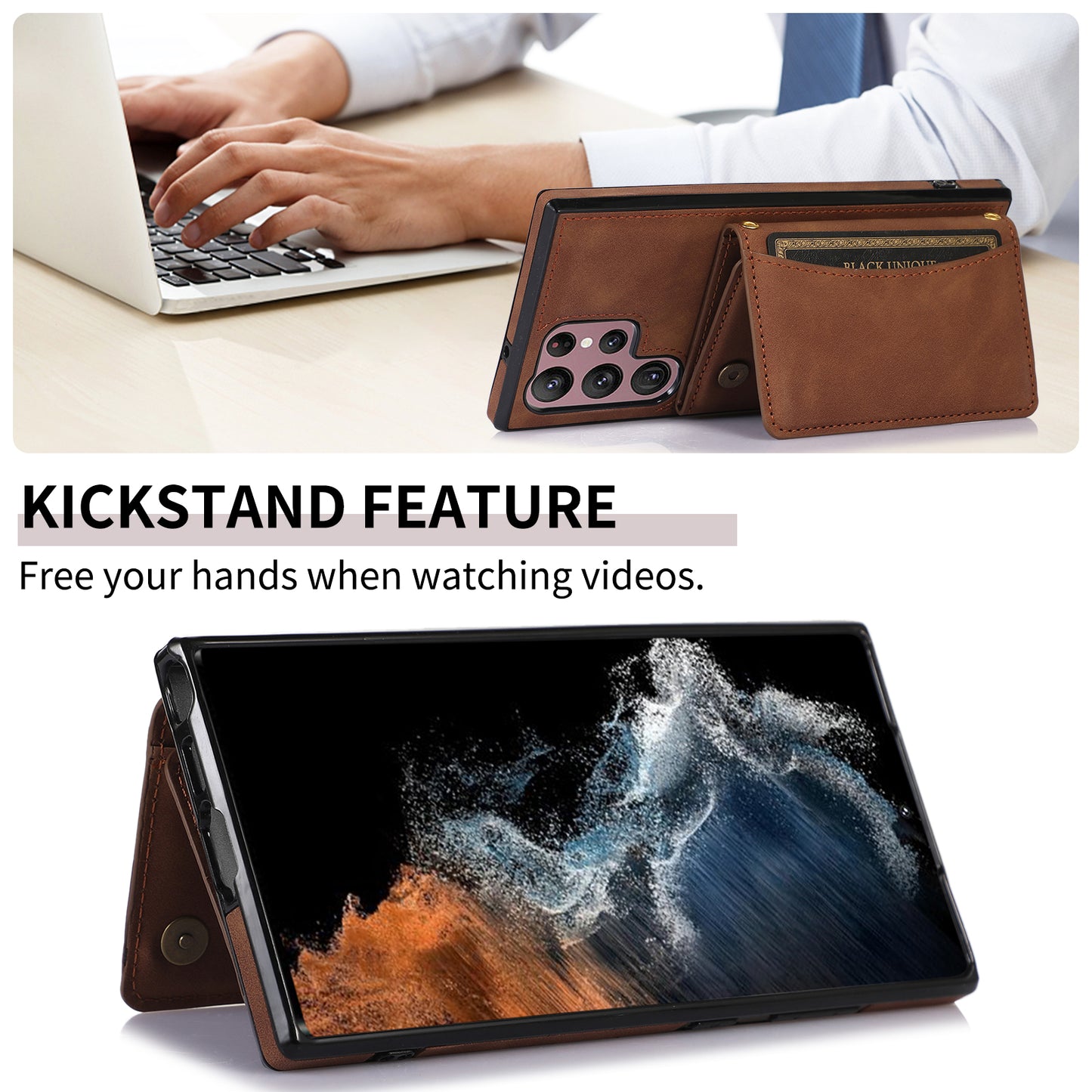 For Samsung Galaxy S24 Ultra Cell Phone Case Tri-fold Wallet Kickstand PU Leather Coated TPU Cover - Brown