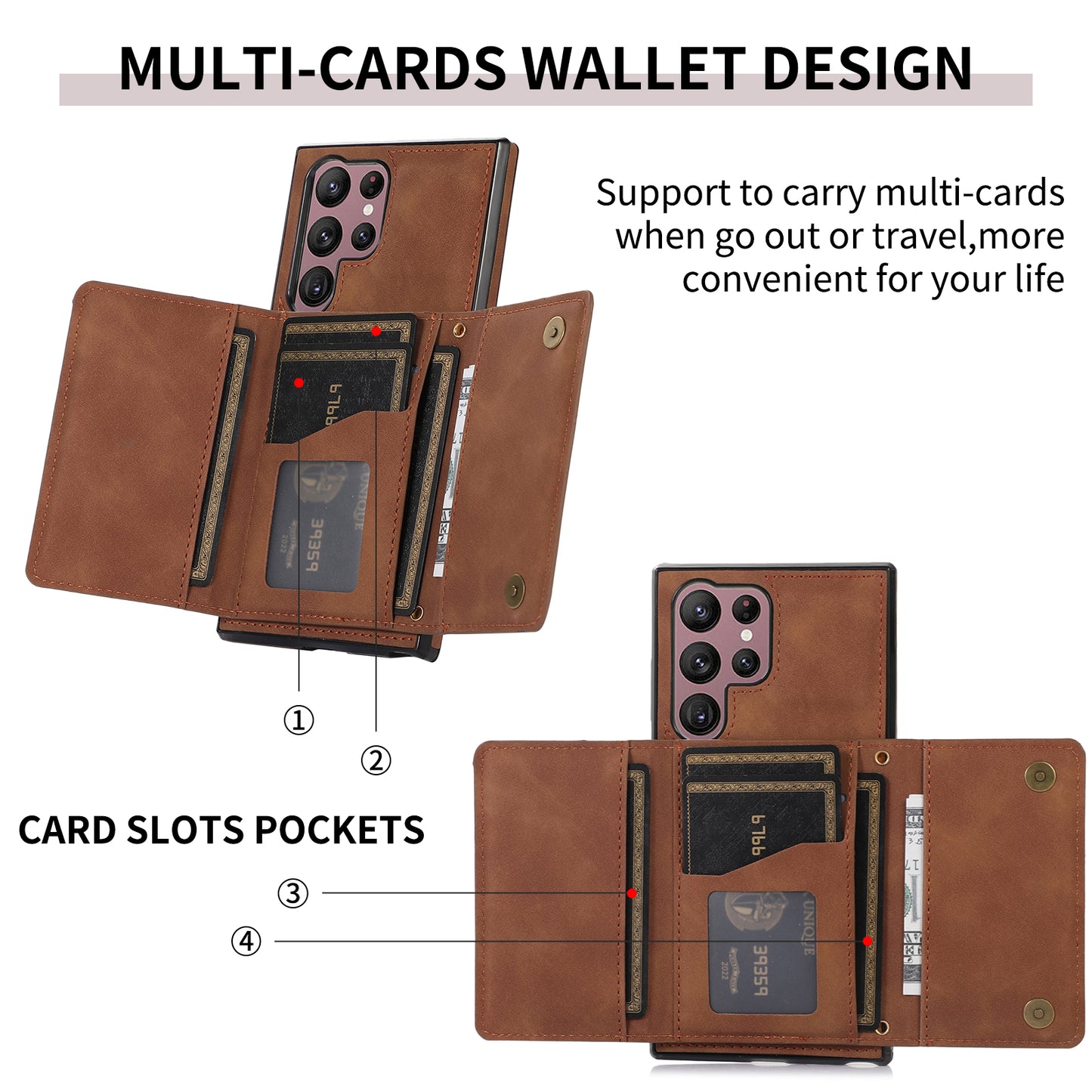 For Samsung Galaxy S24 Ultra Cell Phone Case Tri-fold Wallet Kickstand PU Leather Coated TPU Cover - Brown