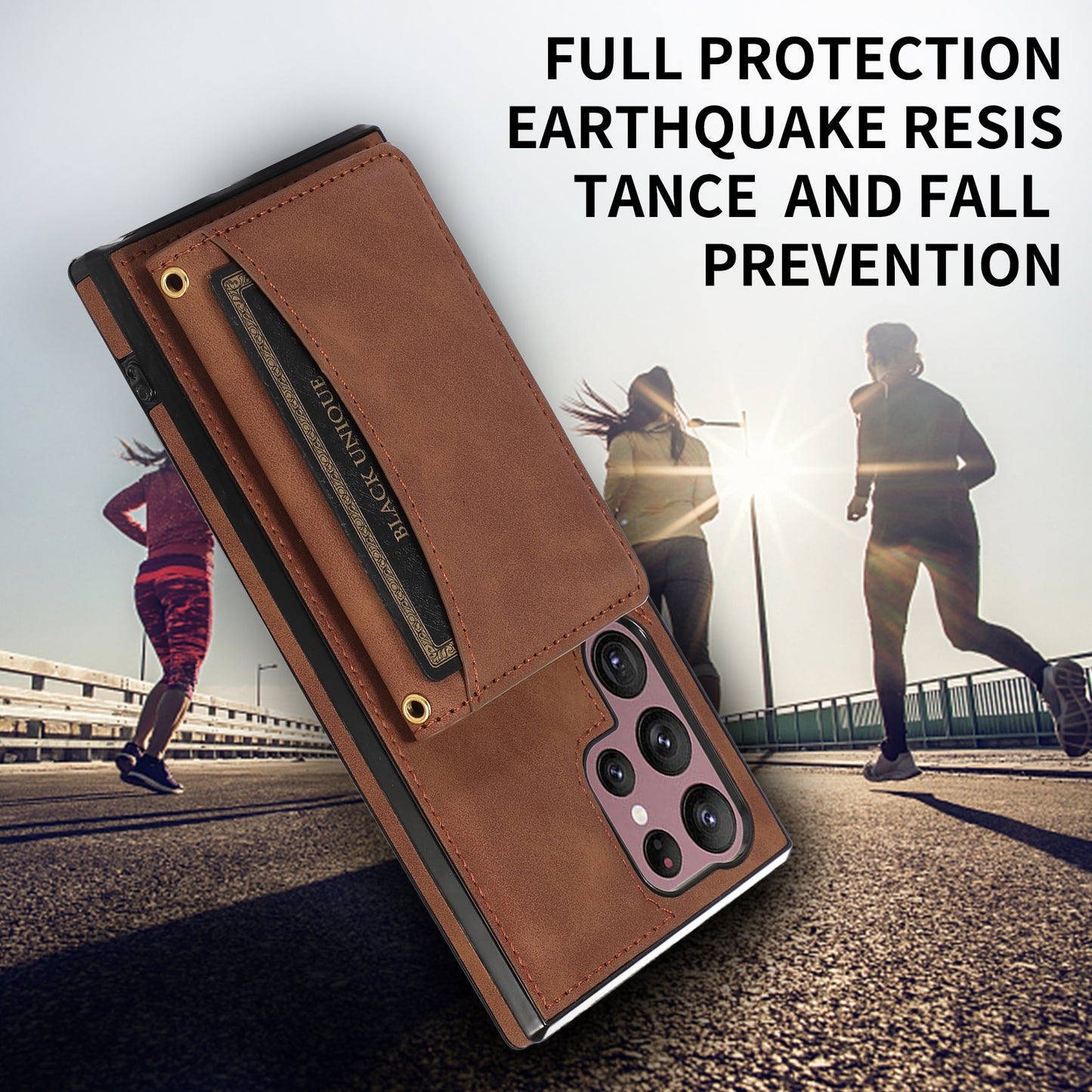 For Samsung Galaxy S24 Ultra Cell Phone Case Tri-fold Wallet Kickstand PU Leather Coated TPU Cover - Brown