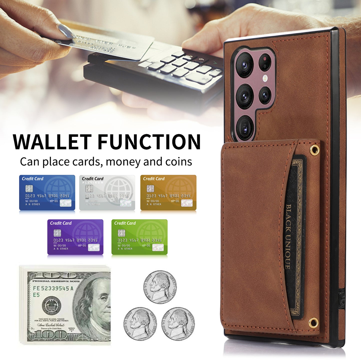 For Samsung Galaxy S24 Ultra Cell Phone Case Tri-fold Wallet Kickstand PU Leather Coated TPU Cover - Brown