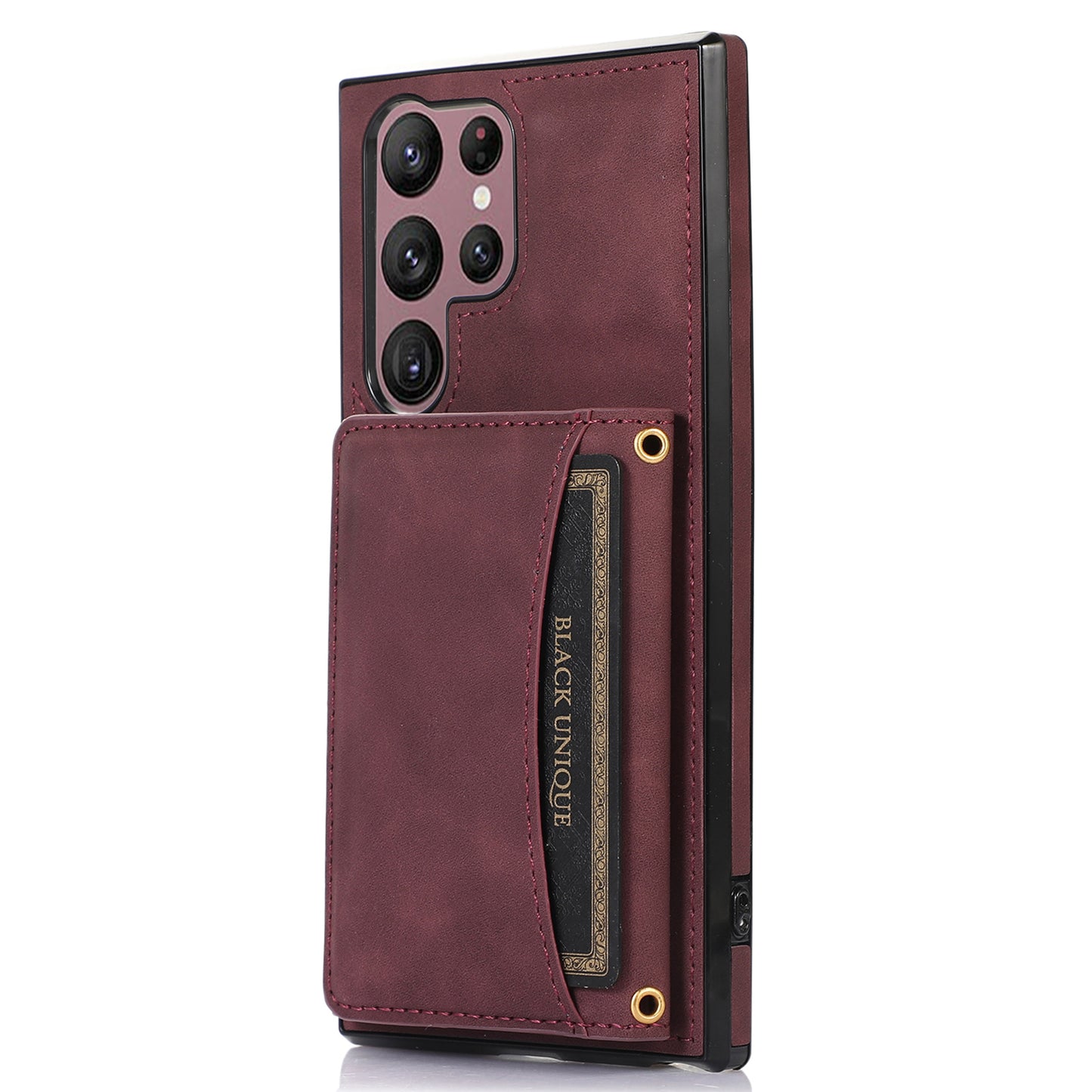 For Samsung Galaxy S24 Ultra Cell Phone Case Tri-fold Wallet Kickstand PU Leather Coated TPU Cover - Wine Red
