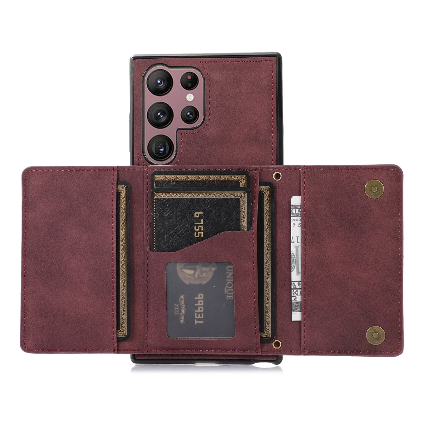 For Samsung Galaxy S24 Ultra Cell Phone Case Tri-fold Wallet Kickstand PU Leather Coated TPU Cover - Wine Red