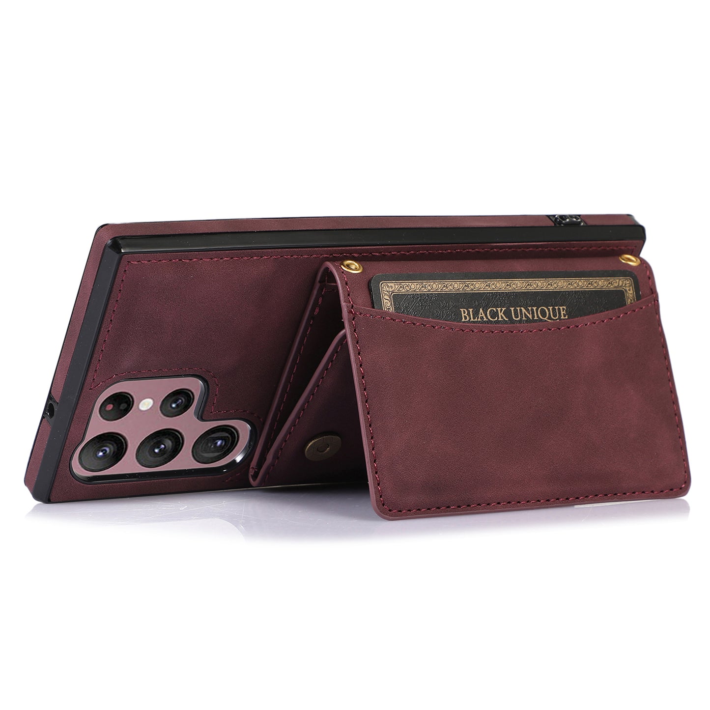 For Samsung Galaxy S24 Ultra Cell Phone Case Tri-fold Wallet Kickstand PU Leather Coated TPU Cover - Wine Red