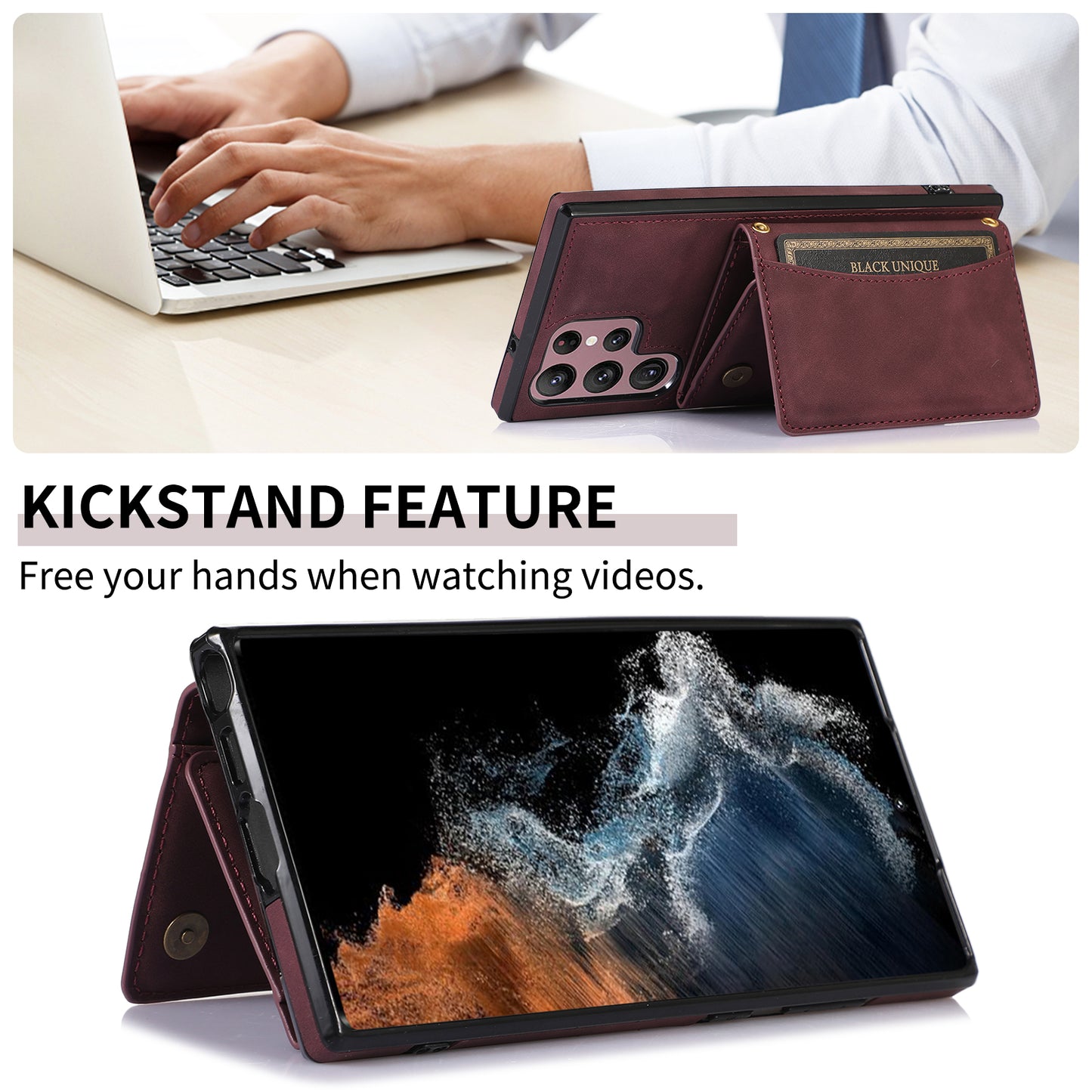 For Samsung Galaxy S24 Ultra Cell Phone Case Tri-fold Wallet Kickstand PU Leather Coated TPU Cover - Wine Red