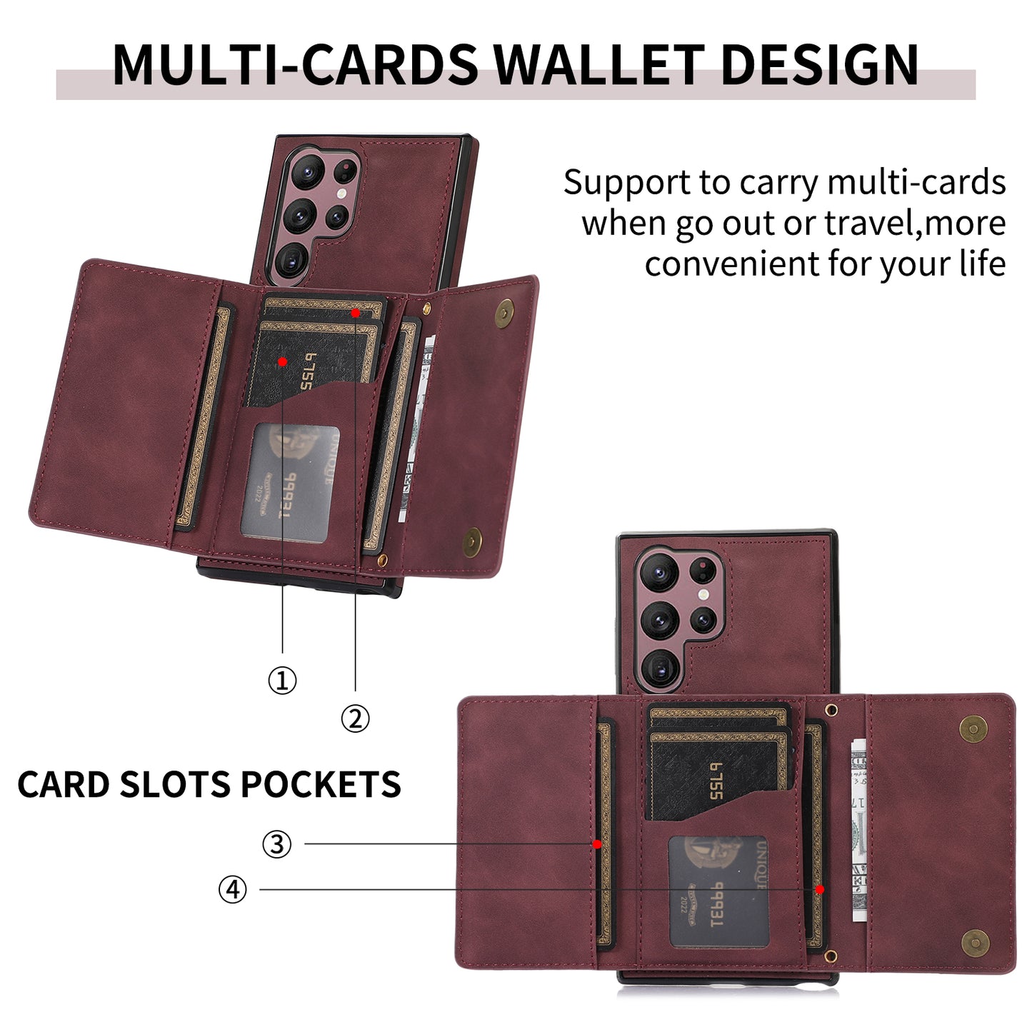 For Samsung Galaxy S24 Ultra Cell Phone Case Tri-fold Wallet Kickstand PU Leather Coated TPU Cover - Wine Red