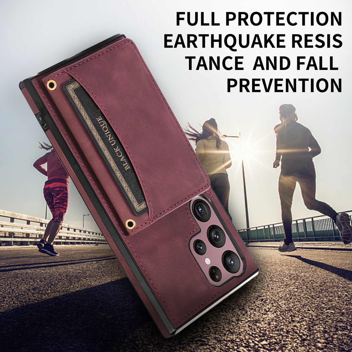 For Samsung Galaxy S24 Ultra Cell Phone Case Tri-fold Wallet Kickstand PU Leather Coated TPU Cover - Wine Red