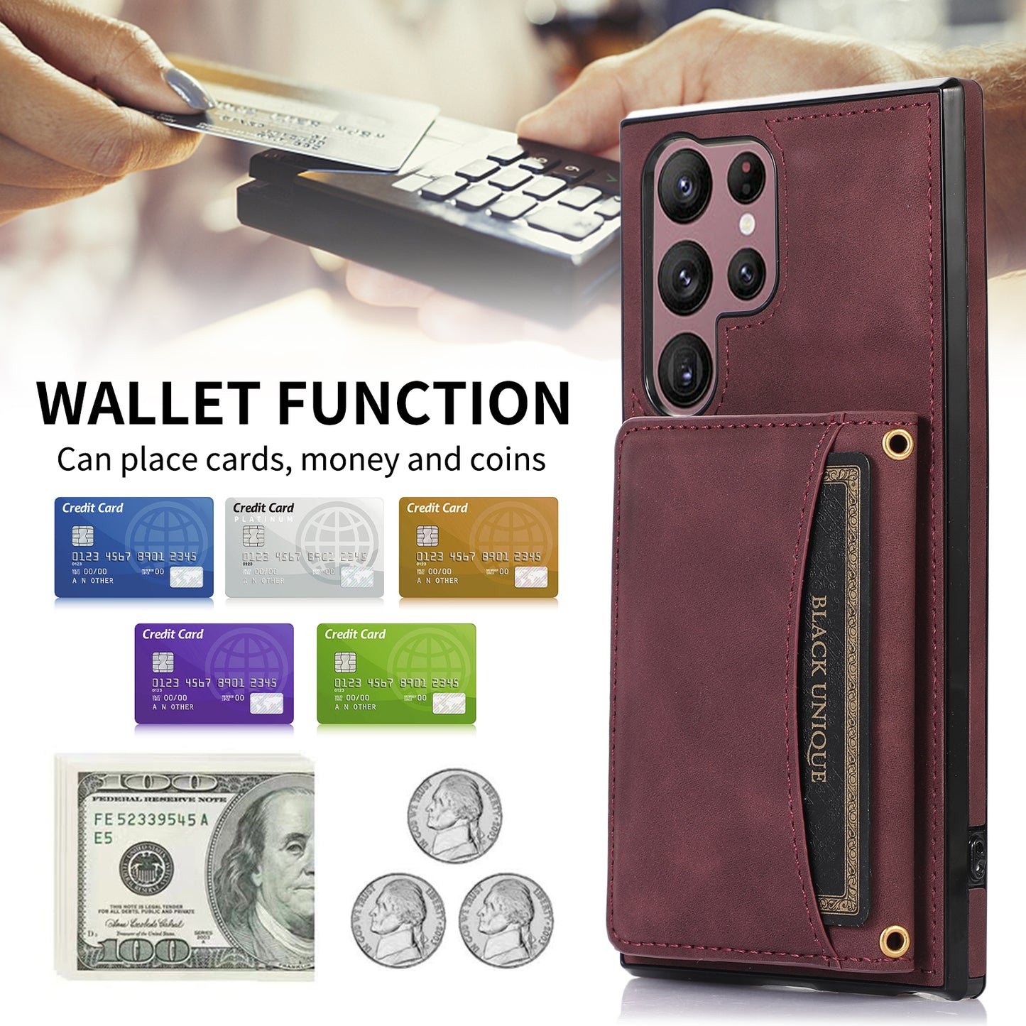 For Samsung Galaxy S24 Ultra Cell Phone Case Tri-fold Wallet Kickstand PU Leather Coated TPU Cover - Wine Red