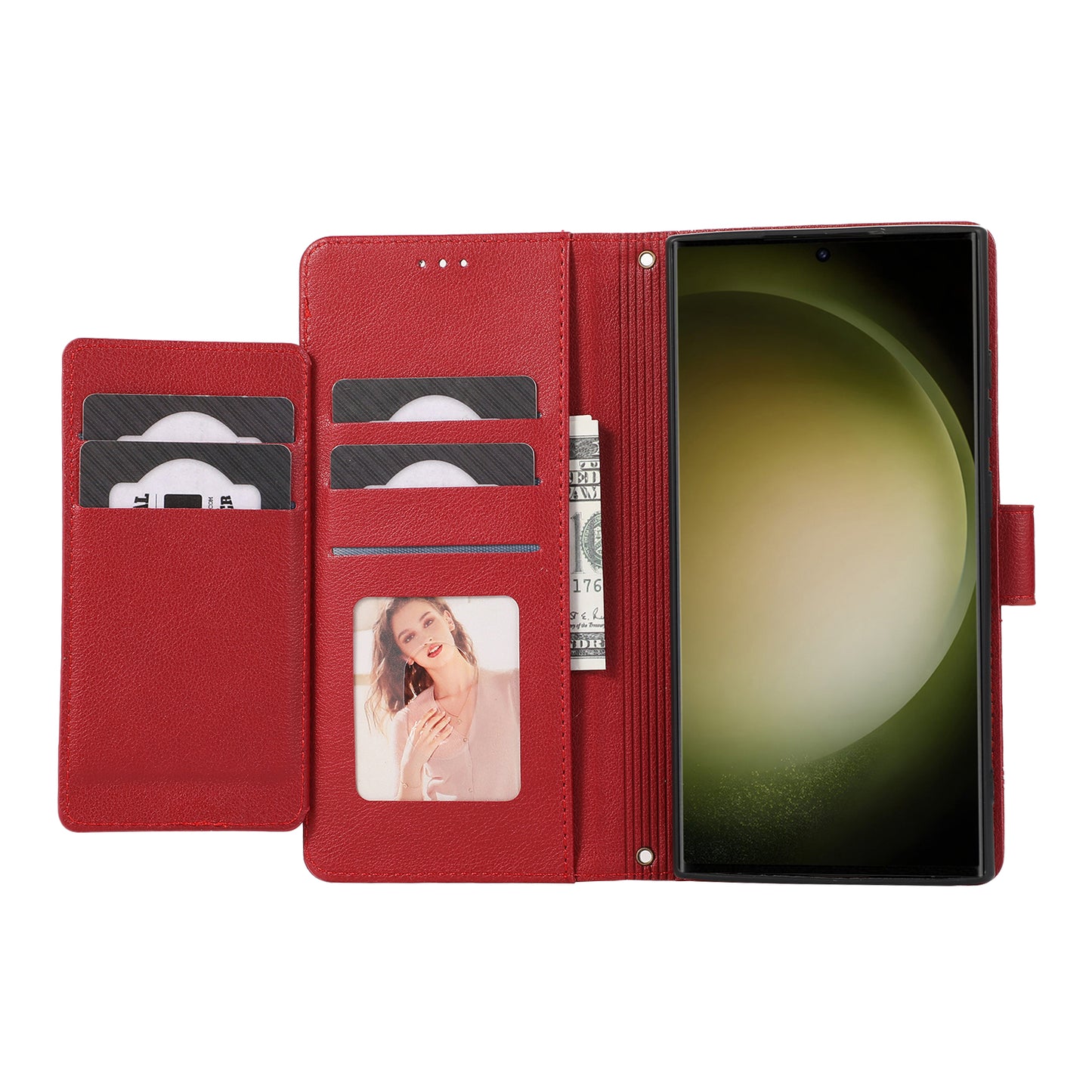 For Samsung Galaxy S24 Ultra Cell Phone Cases Folio Flip Leather Protection Cover with Mirror - Red