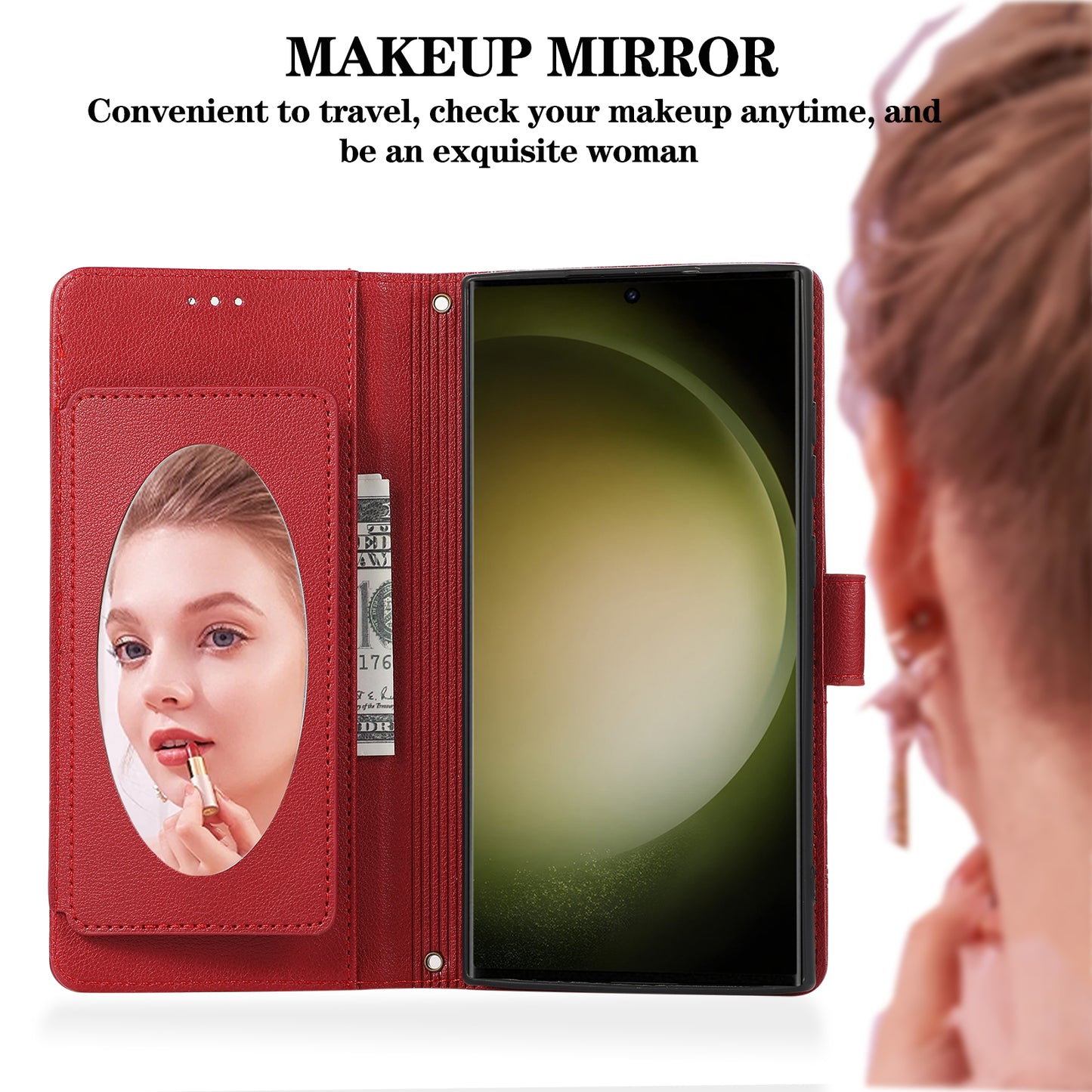 For Samsung Galaxy S24 Ultra Cell Phone Cases Folio Flip Leather Protection Cover with Mirror - Red