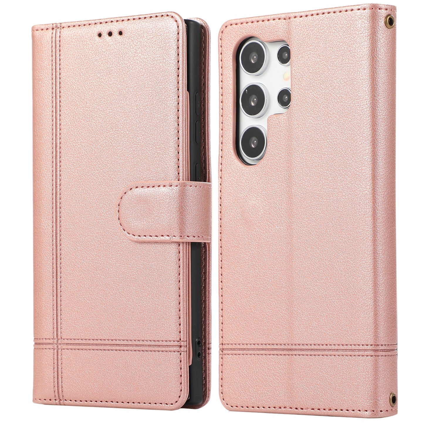 For Samsung Galaxy S24 Ultra Cell Phone Cases Folio Flip Leather Protection Cover with Mirror - Rose Gold
