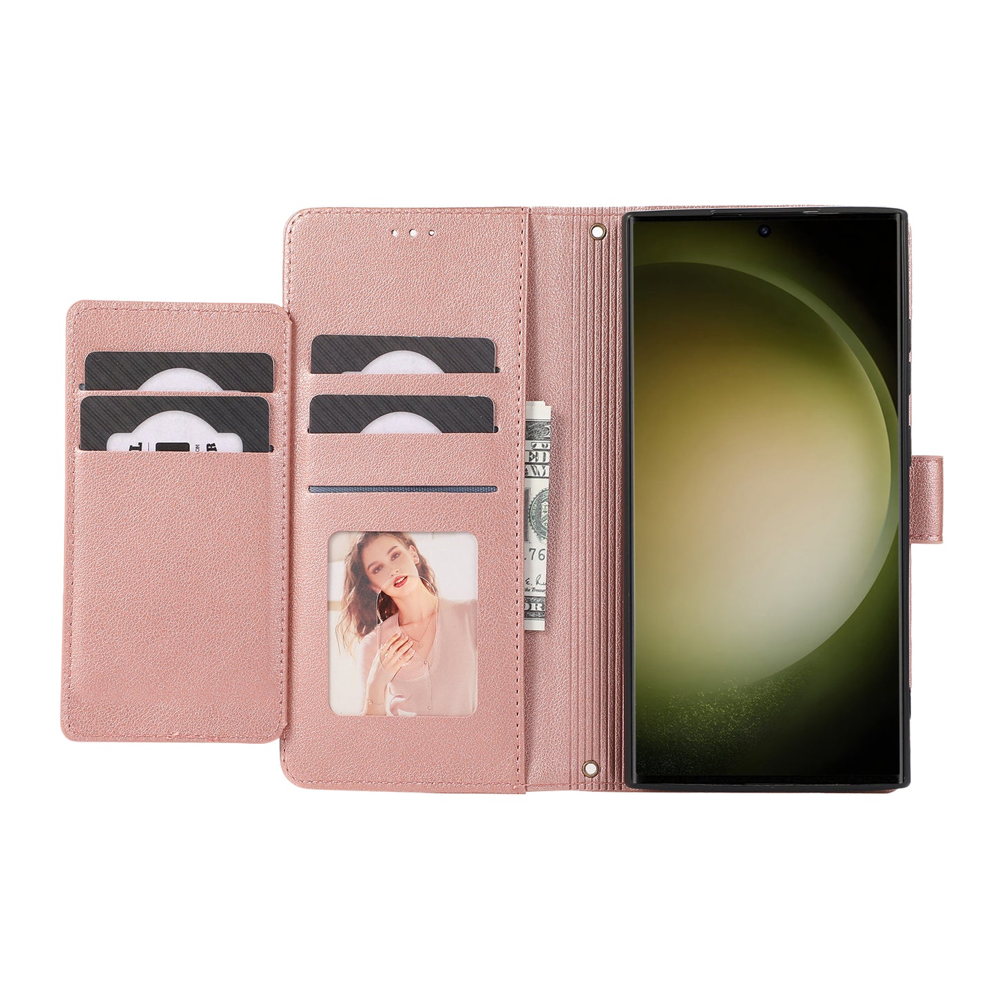 For Samsung Galaxy S24 Ultra Cell Phone Cases Folio Flip Leather Protection Cover with Mirror - Rose Gold