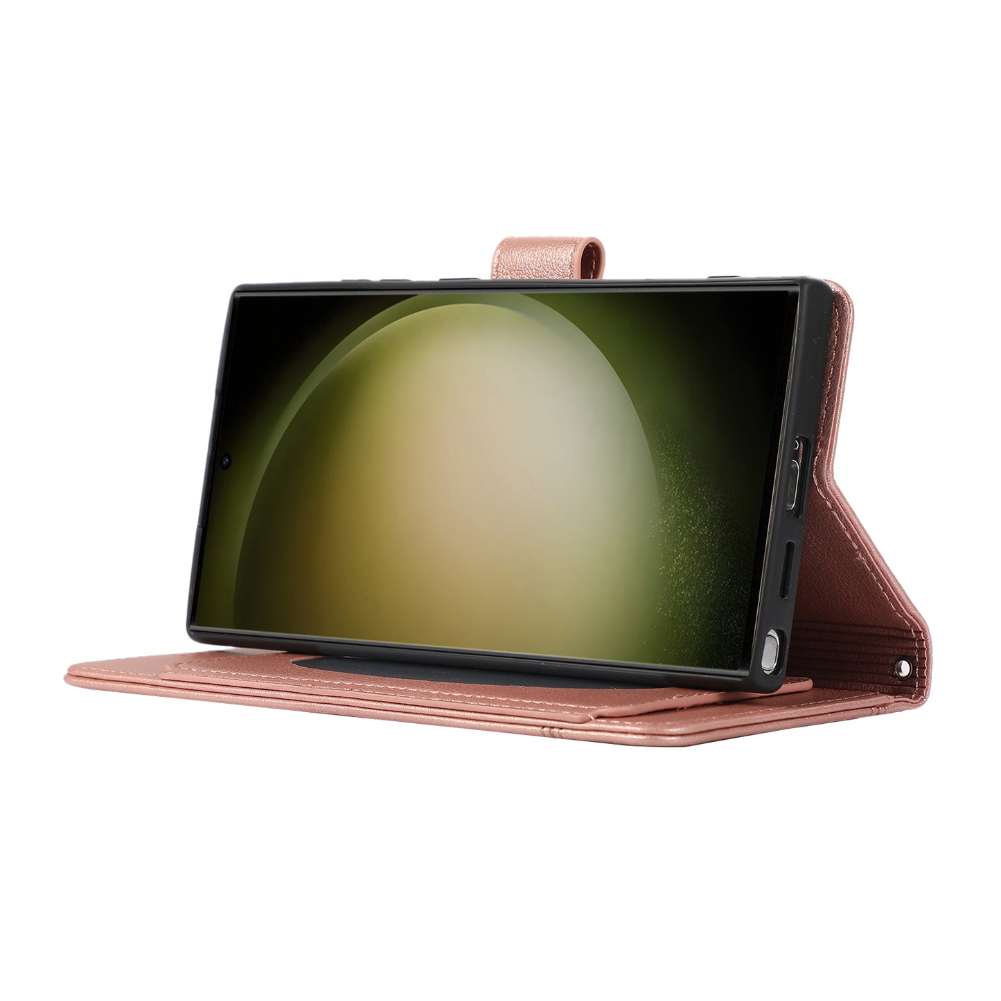 For Samsung Galaxy S24 Ultra Cell Phone Cases Folio Flip Leather Protection Cover with Mirror - Rose Gold