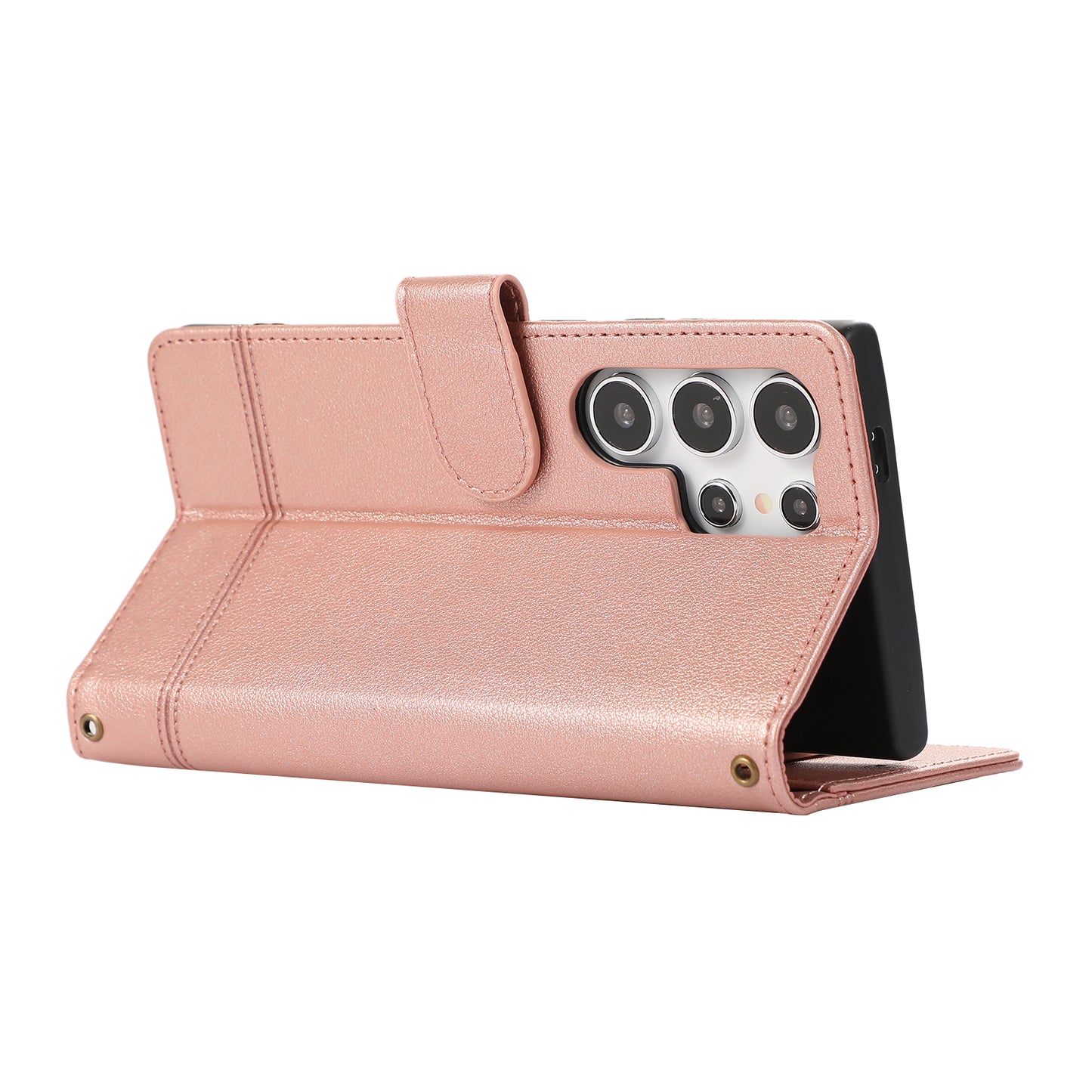 For Samsung Galaxy S24 Ultra Cell Phone Cases Folio Flip Leather Protection Cover with Mirror - Rose Gold