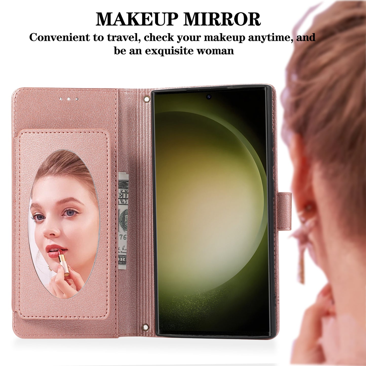 For Samsung Galaxy S24 Ultra Cell Phone Cases Folio Flip Leather Protection Cover with Mirror - Rose Gold