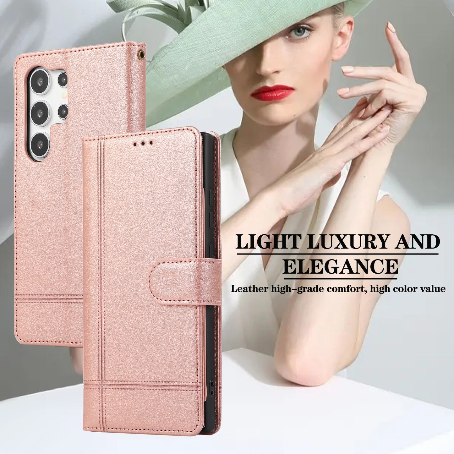 For Samsung Galaxy S24 Ultra Cell Phone Cases Folio Flip Leather Protection Cover with Mirror - Rose Gold